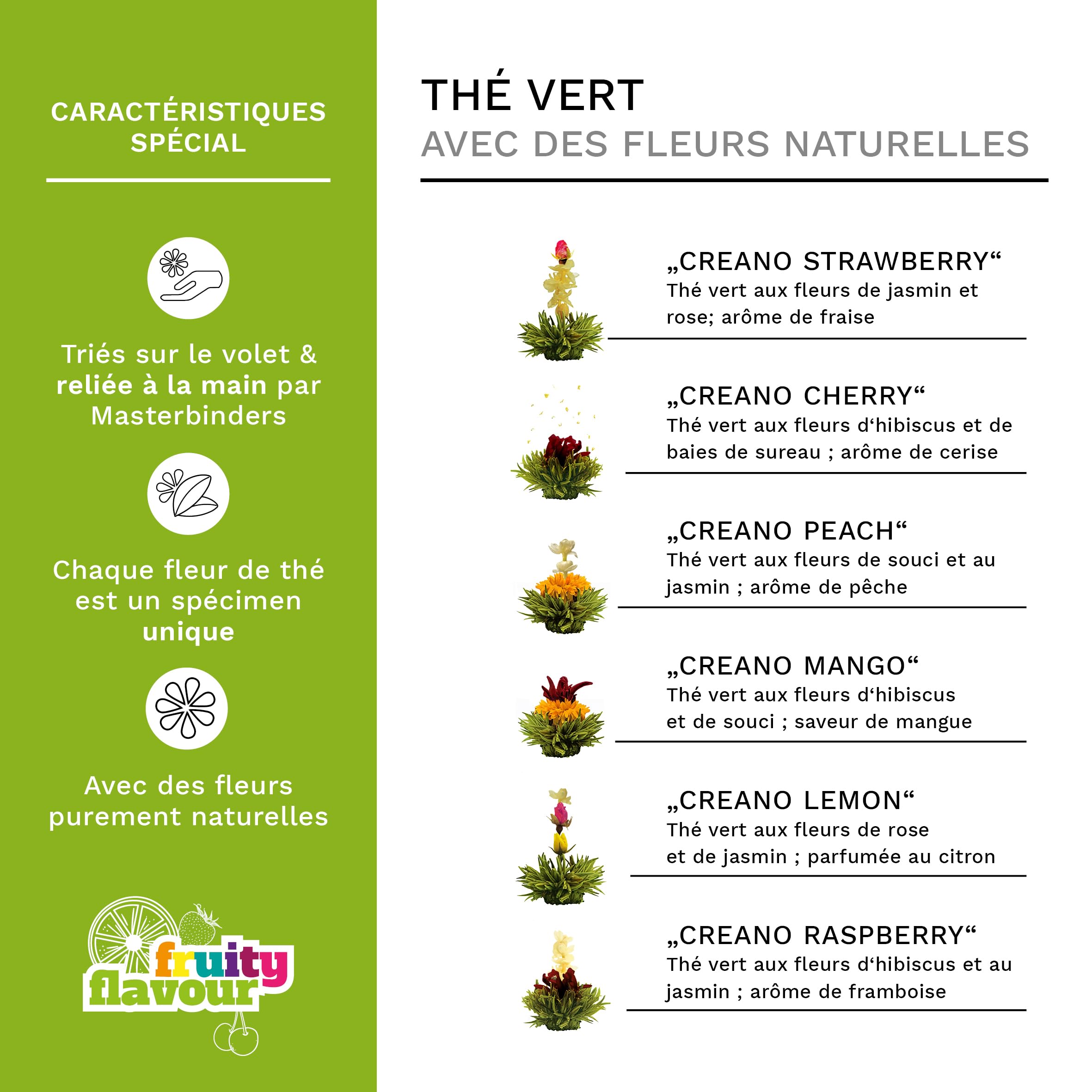Creano „Fleurs de Thé“ Verts – Paquet en Vrac de 6 variétés – Thé Vert aromatisé – Recharge pour théière – 2 à 3 infusions par fleur