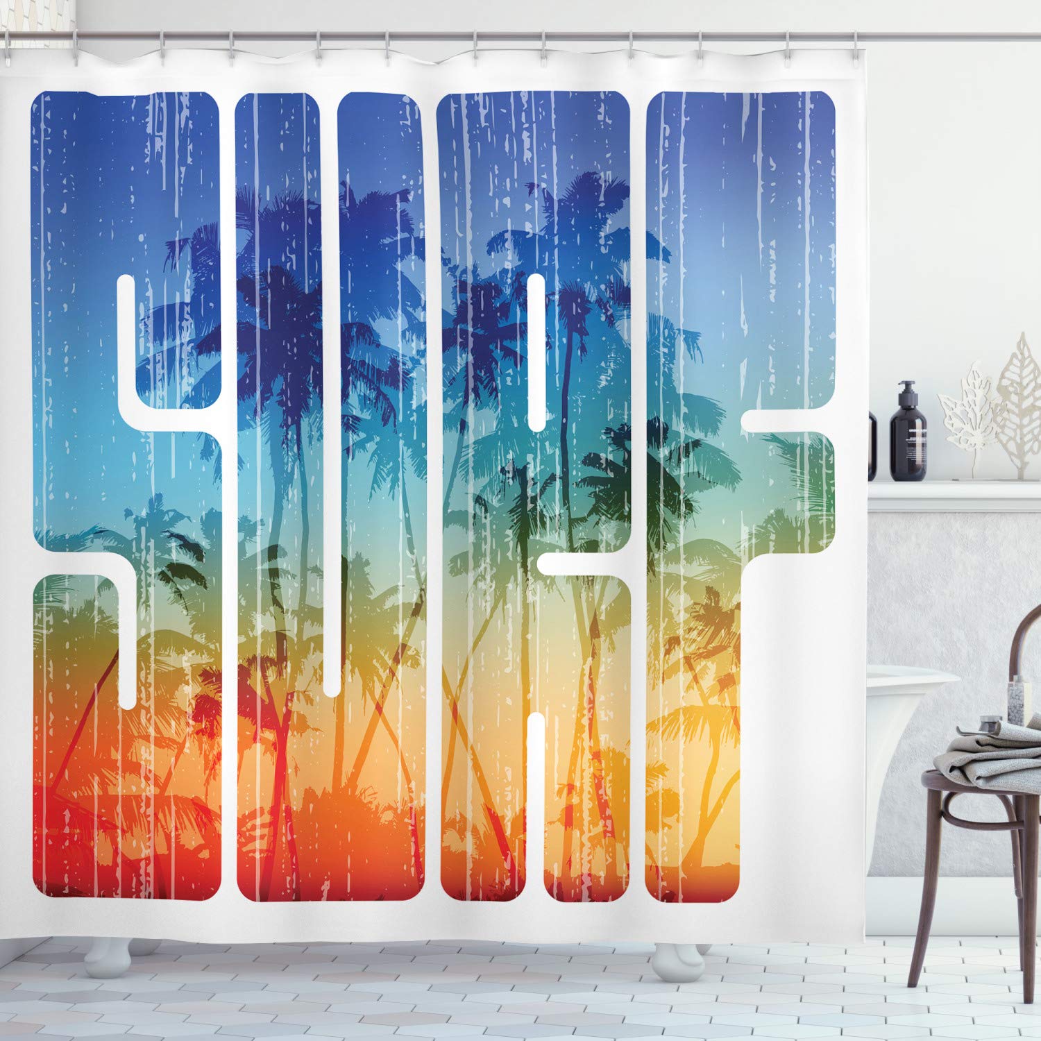 AmbesonneSurf Shower Curtain, Summer Theme Retro Letters That Reflect The Seacoast Palm Tree Extreme Sports Art, Cloth Fabric Bathroom Decor Set with Hooks, 69" W x 84" L, Navy Orange