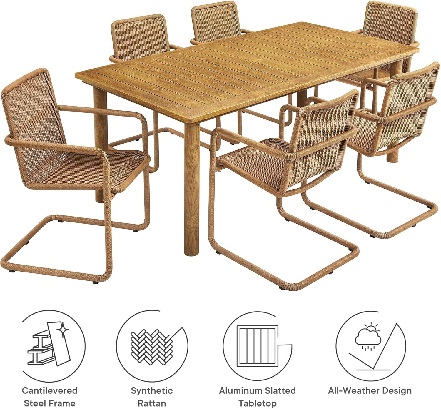 Modway Abacus 7-Piece Outdoor Rectangular Dining Set in Natural Natural - 76” Aluminum Patio Dinner Table w/Umbrella Hole & 6 Rattan Armchairs - Weather-Resistant Deck Table & Wicker Chairs for 6
