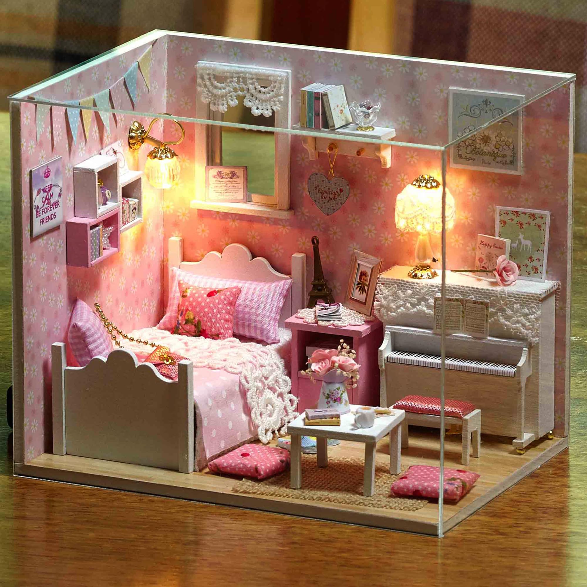 Dollhouse Miniature DIY Kit with Decoration Furniture and LED Lights - Handmade 3D Miniature with Cover - DIY Wooden Dollhouse with English Instructions (Sunshine Princess Style)