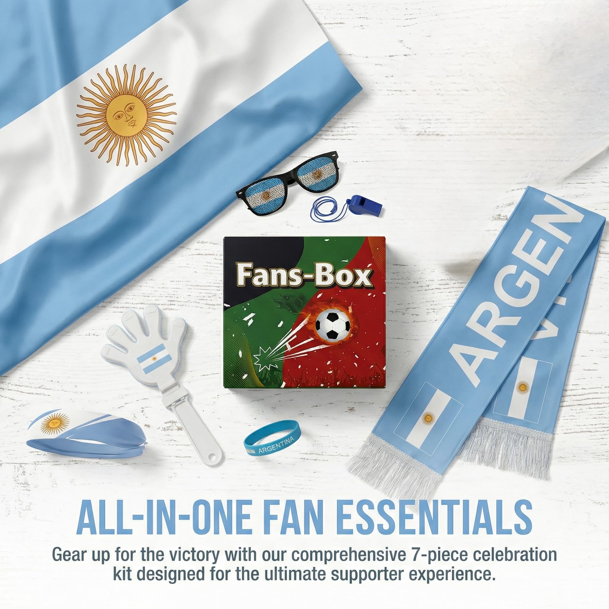 Soccer Fan Gear Set 2026-7 Piece Game Day Kit with Flag, Scarf, Glasses, Whistle, Clapper, Wristband & Headband in Gift Box - Watch Party & Stadium Essentials for Argentina - 3