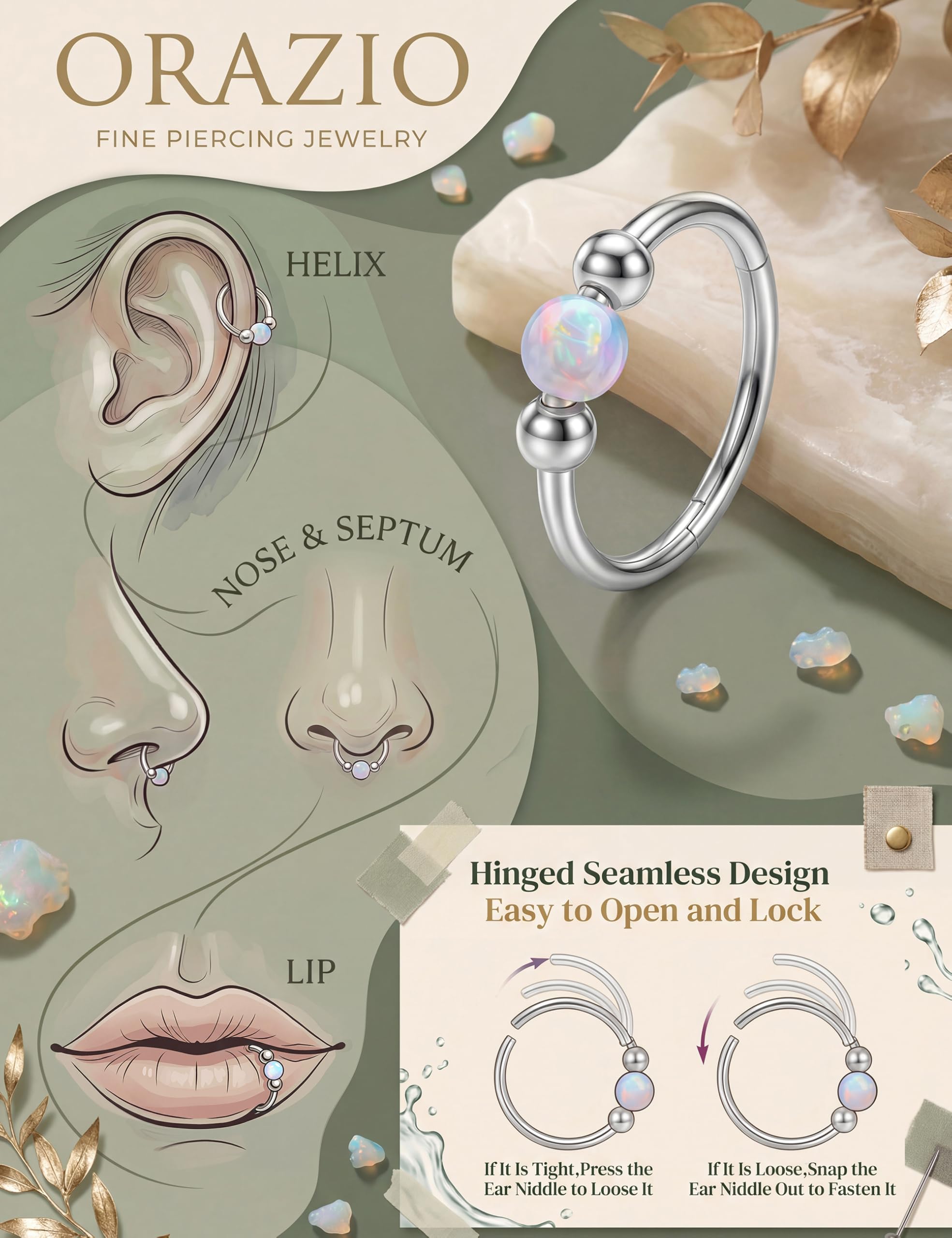 ORAZIO 6 Pièces Piercing Nez Acier Chirurgical Femmes Plaqué Or 14K Percing Au Nez Or/Argent Helix Piercing Piercing Nez Anneaux L/S Septum Nez Piercing - 5