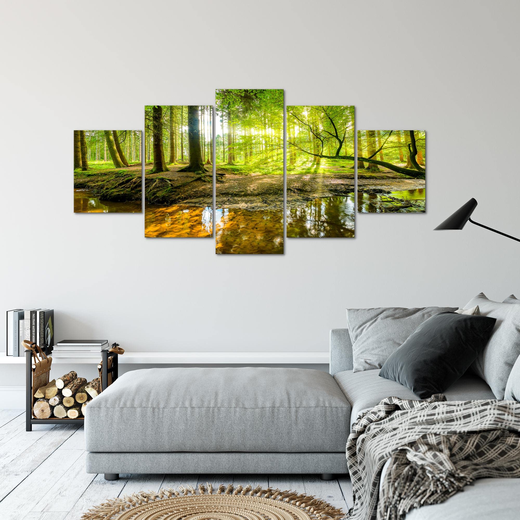 Runa Art - Tableau Forêt Paysage 200 x 100 cm 5 Parties XXL Decoration Murale Dessin Vert 611751a