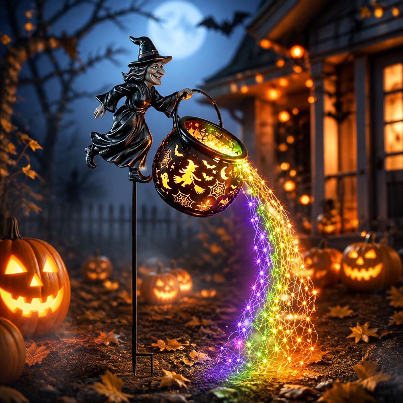 Halloween Witch Cauldron Garden Light, Fantasy Waterfall-Style Colorful Light-Flow Witches Garden Stake Light, Halloween Witch Lamp with Stake for Yard Lawn Porch Party