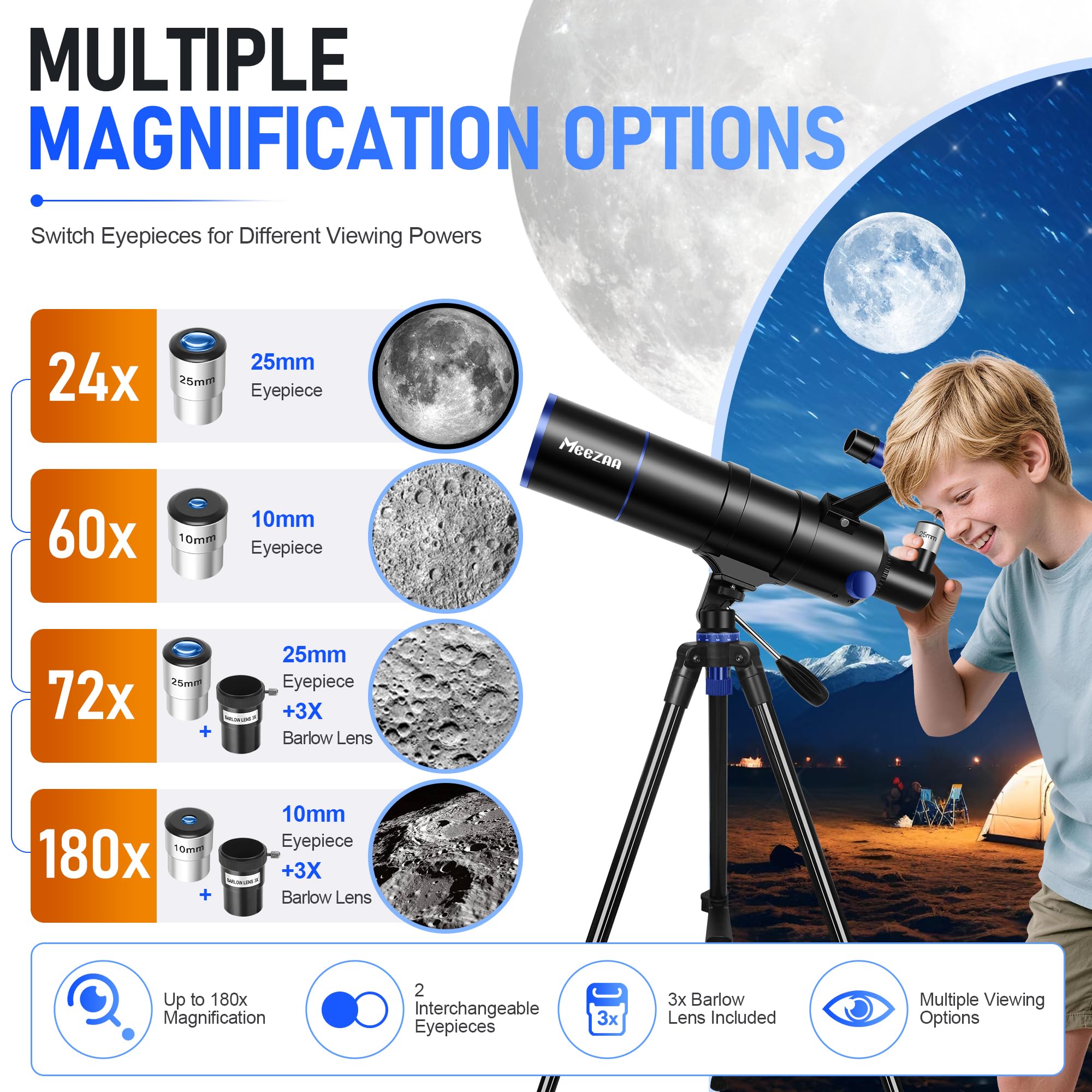 MEEZAA Télescope Astronomique pour Adultes, Enfants et Débutants, 90 mm Ouverture 600 mm Réfracteur Télescopes avec Trépied, Adaptateur Smartphone, Filtre Lunaire, Sac de Transport et Guide Lunaire