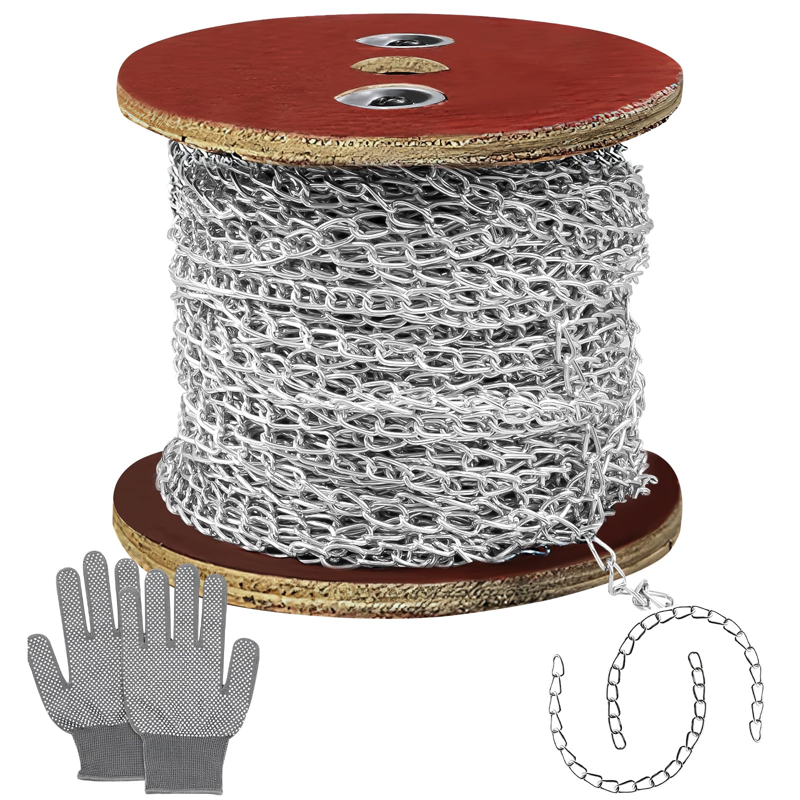 Jack Chain with Spool, 70m Galvanized Steel Hanging Chain with Non-Slip Gloves, Heavy Duty Metal Link Chain for Overhead Lights Bird Cages Hanging Plants Garden Fencing (6mm)