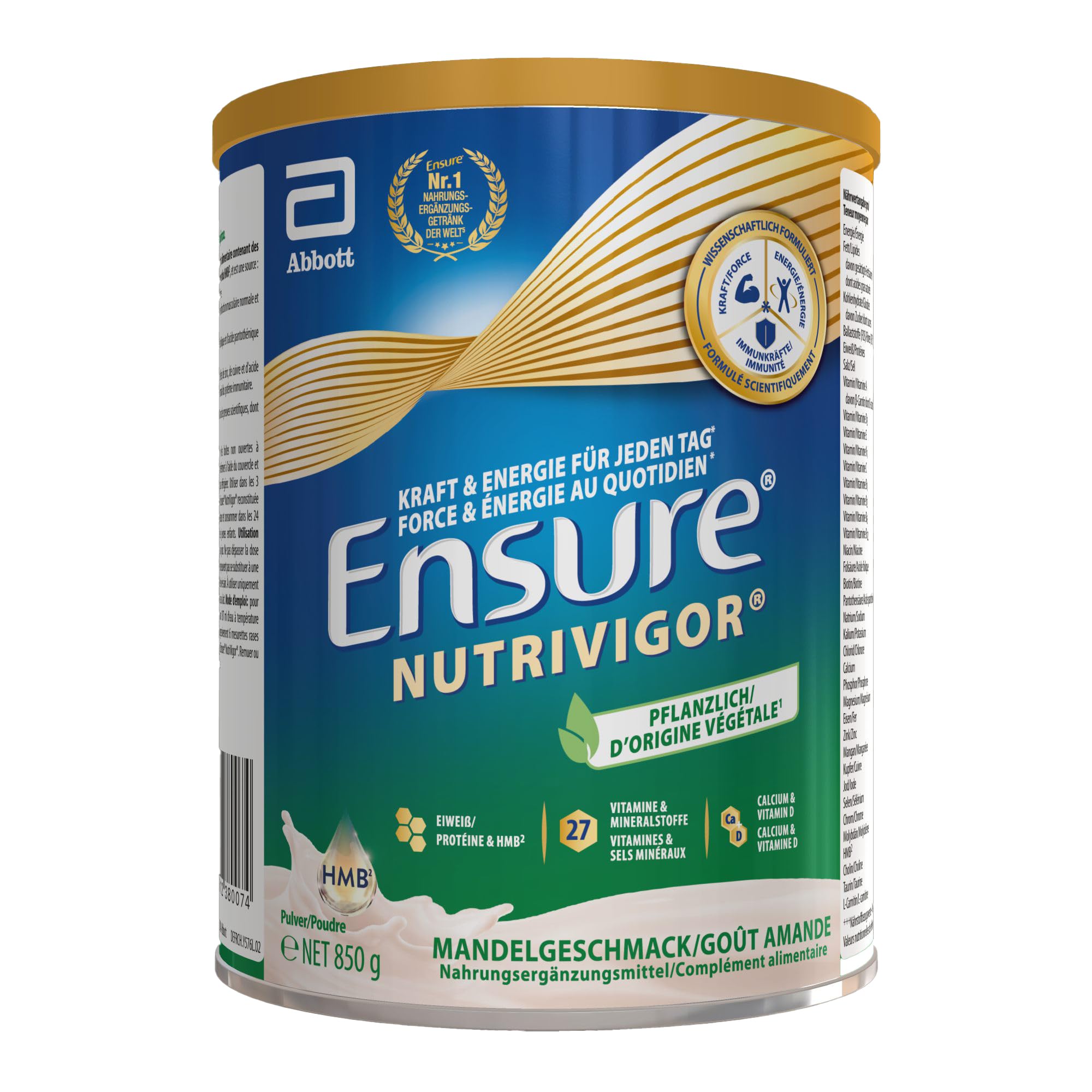 Ensure NutriVigor d'origine végétale - Complément alimentaire avec protéine, HMB et 27 vitamines et minéraux, y compris la vitamine C, le magnésium et le zinc - Saveur amande - 1 x 850g