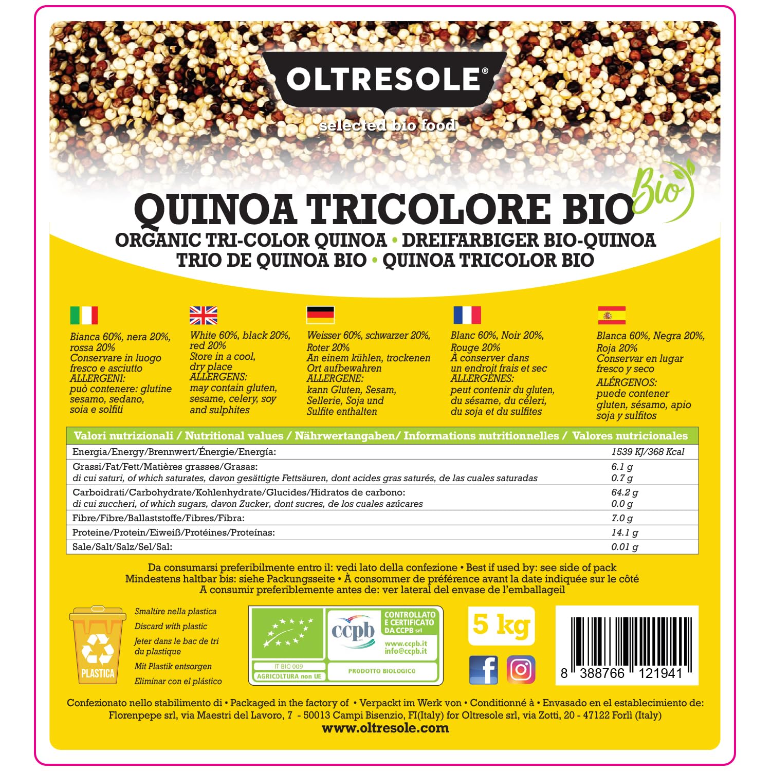 Oltresole, Quinoa Tricolore Biologica 5 kg, Mix di Quinoa Rossa, Bianca e Nera Bio, Superfood, Ricco di Proteine e Fibre, Ideale per Insalate, Zuppe e Piatti Vegani, Formato Convenienza