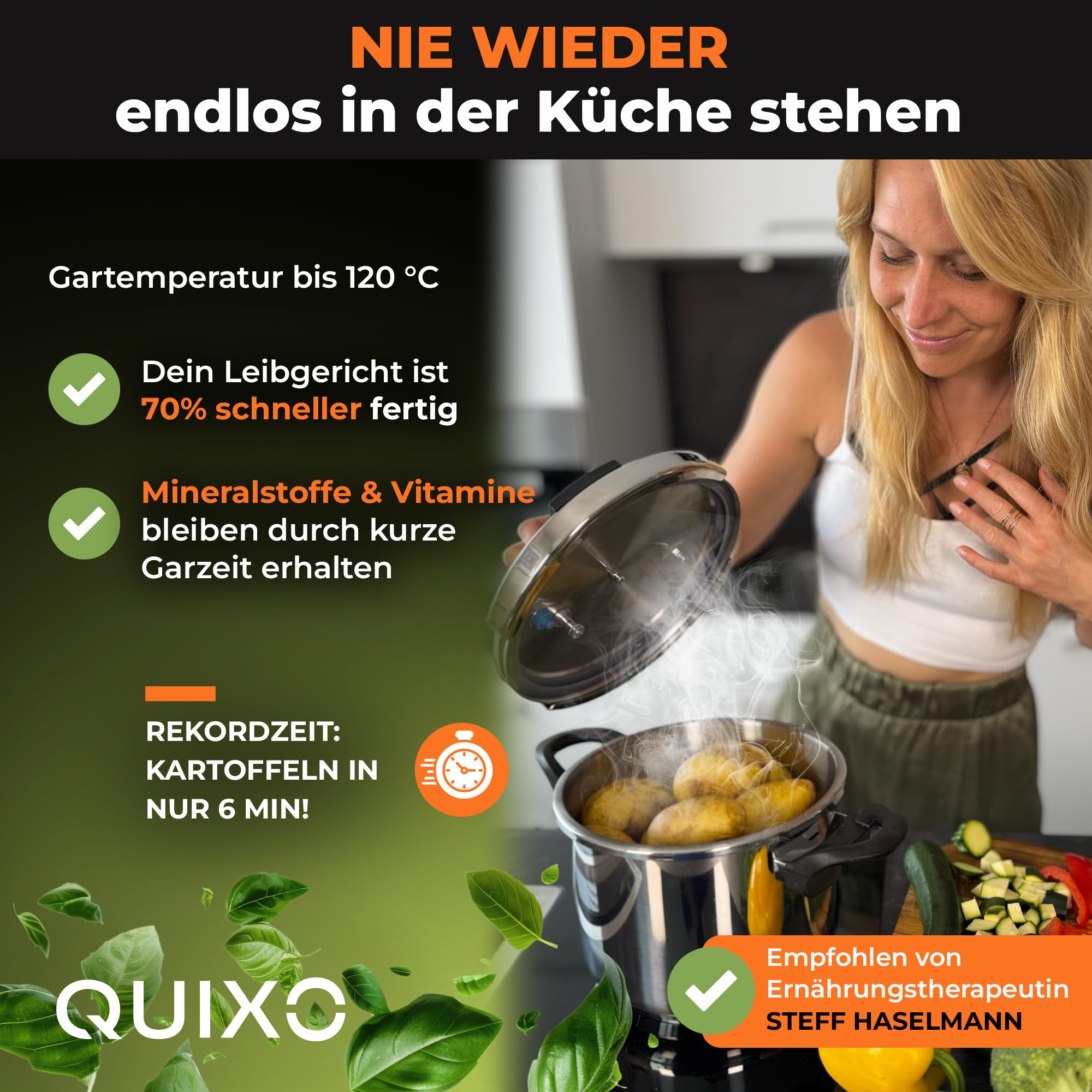 QUIXO Schnellkochtopf 6L VitaSmart mit Kochzeitsignal für alle Herdarten [NEU mit Füllmengenmarkierung] Dampfkochtopf mit 2 Garstufen (6L + Garkorb)