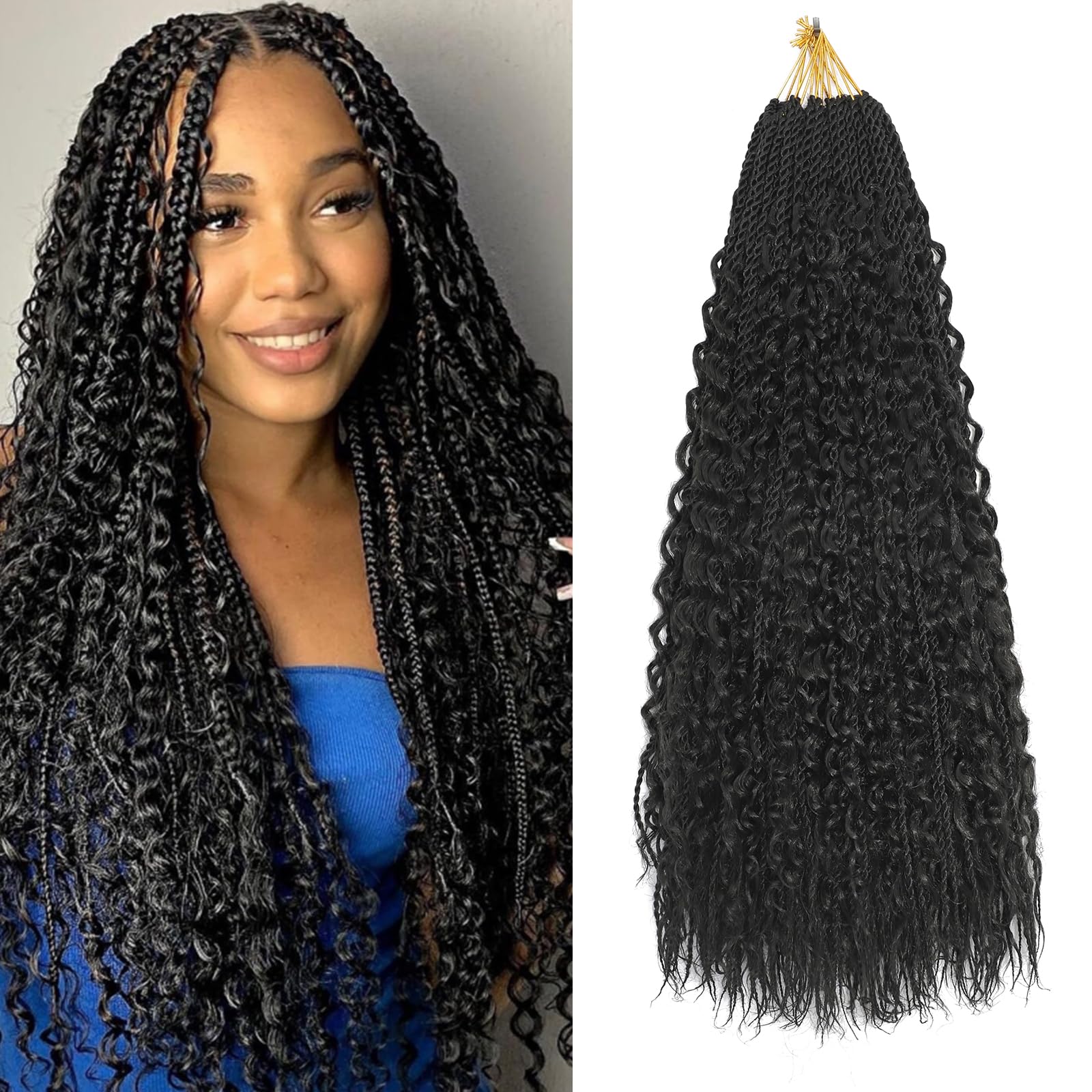 BLTYXT Goddess Boho Box Braids Crochet hair 18 Inch 8 Packs Pre Looped Water Wave Crochet Hair for Women Hair Extension (1B