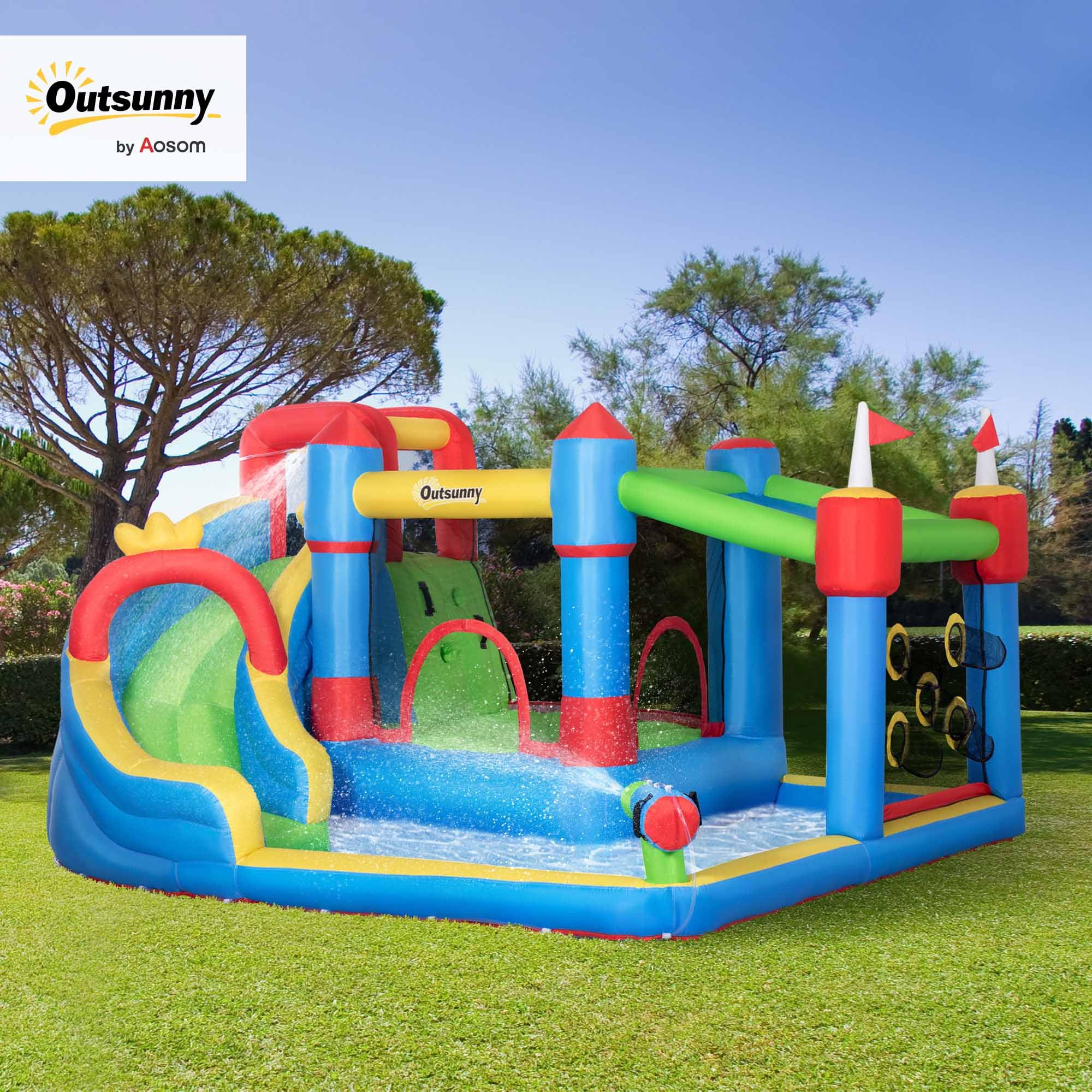 Outsunny Castillo Hinchable para Niños Castillo Inflable Infantil con Tobogán Cama de Salto Piscina Muro de Escalada Inflador y Bolsa de Transporte 390x300x197 cm Multicolor