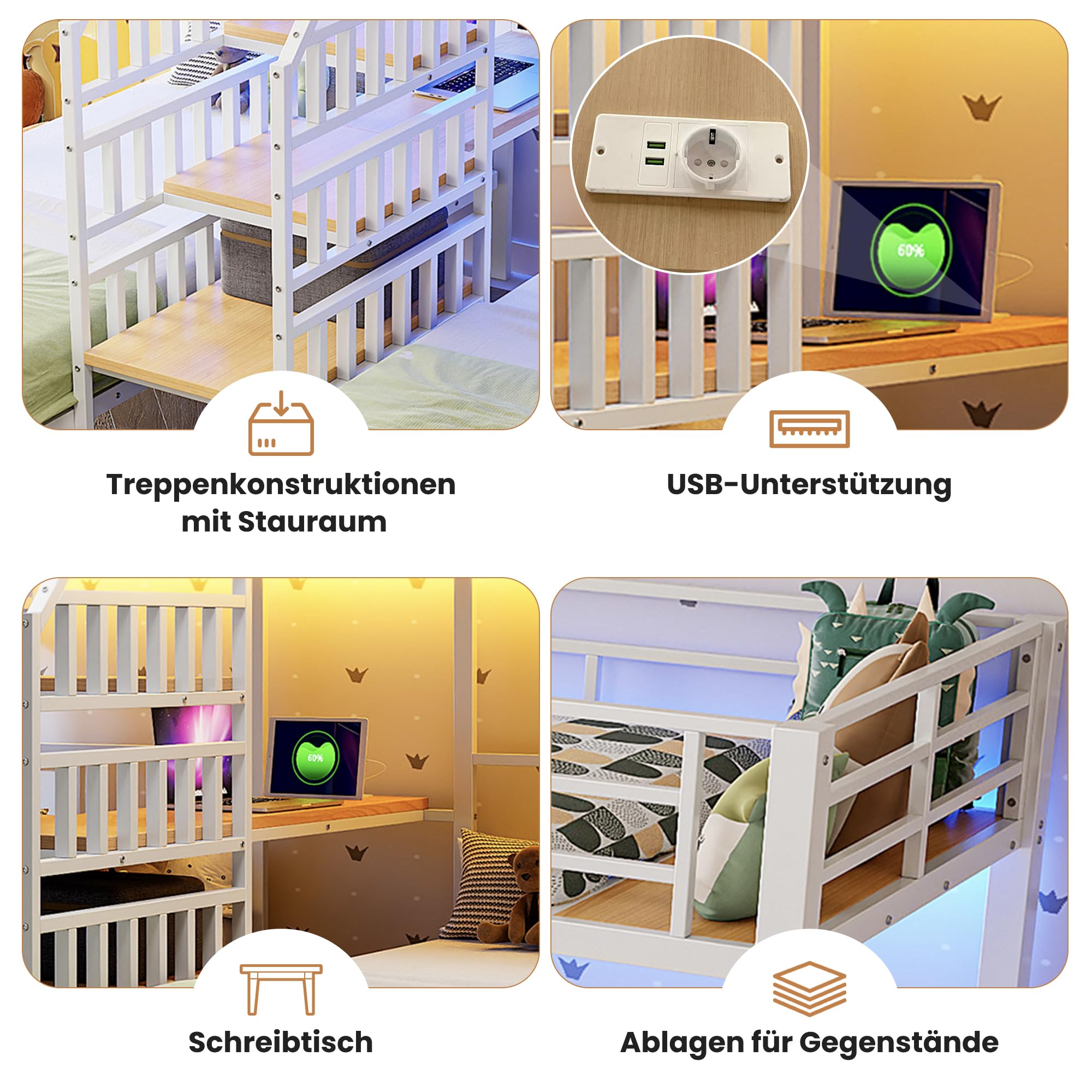 Łóżko piętrowe, 90 x 200 cm, 3 łóżka, z listwą świetlną LED, zintegrowana drabina z miejscem do przechowywania, z 2 portami USB + 1 gniazdkiem, z biurkiem, z regałem, bez materaca, białe