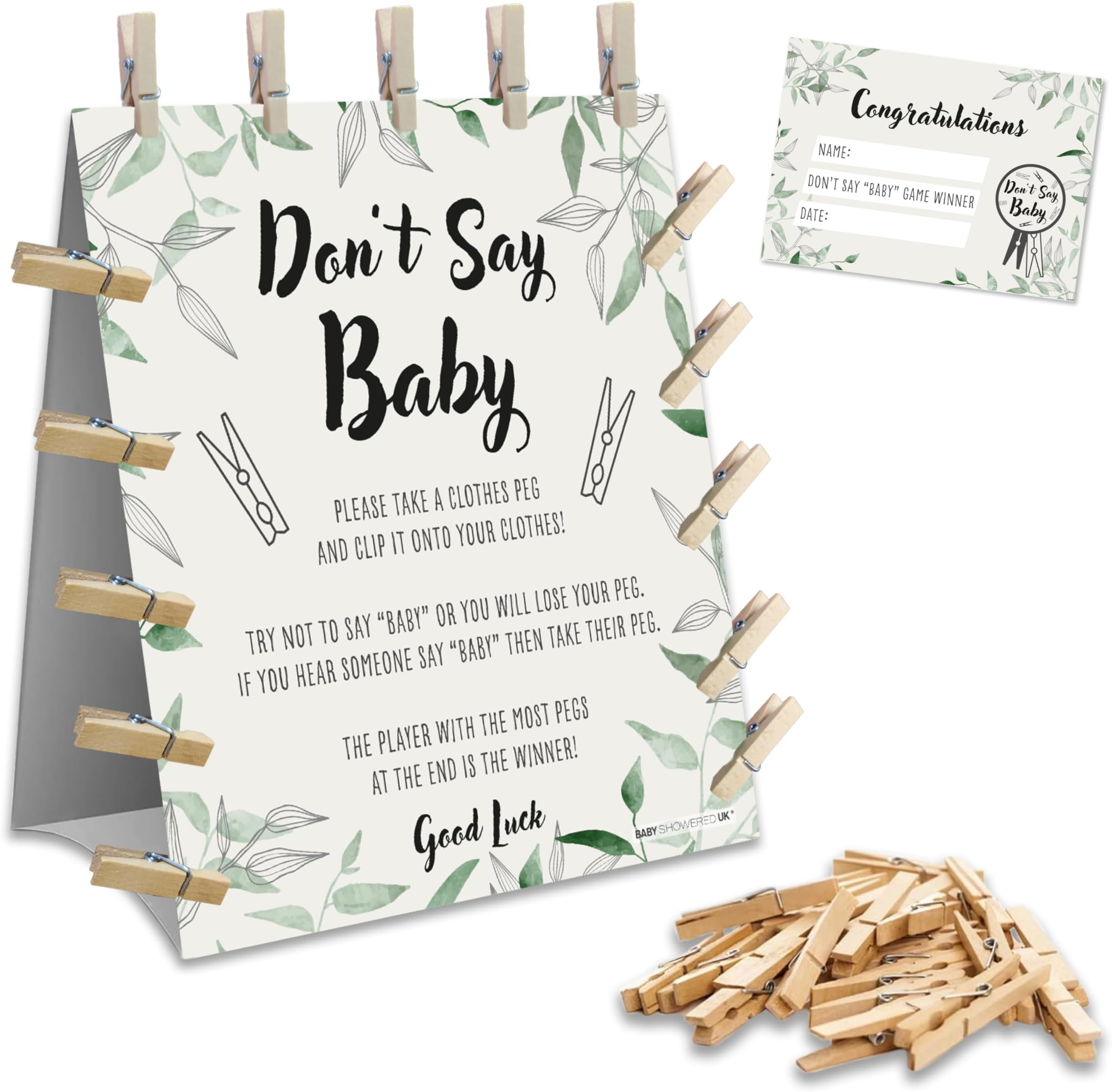 Baby Shower Games – DON’T SAY BABY – 20 Players | Clothes Peg Baby Shower game | Table Decoration | Winner Prize included for boy, girl, neutral/unisex baby shower party | Age 14+