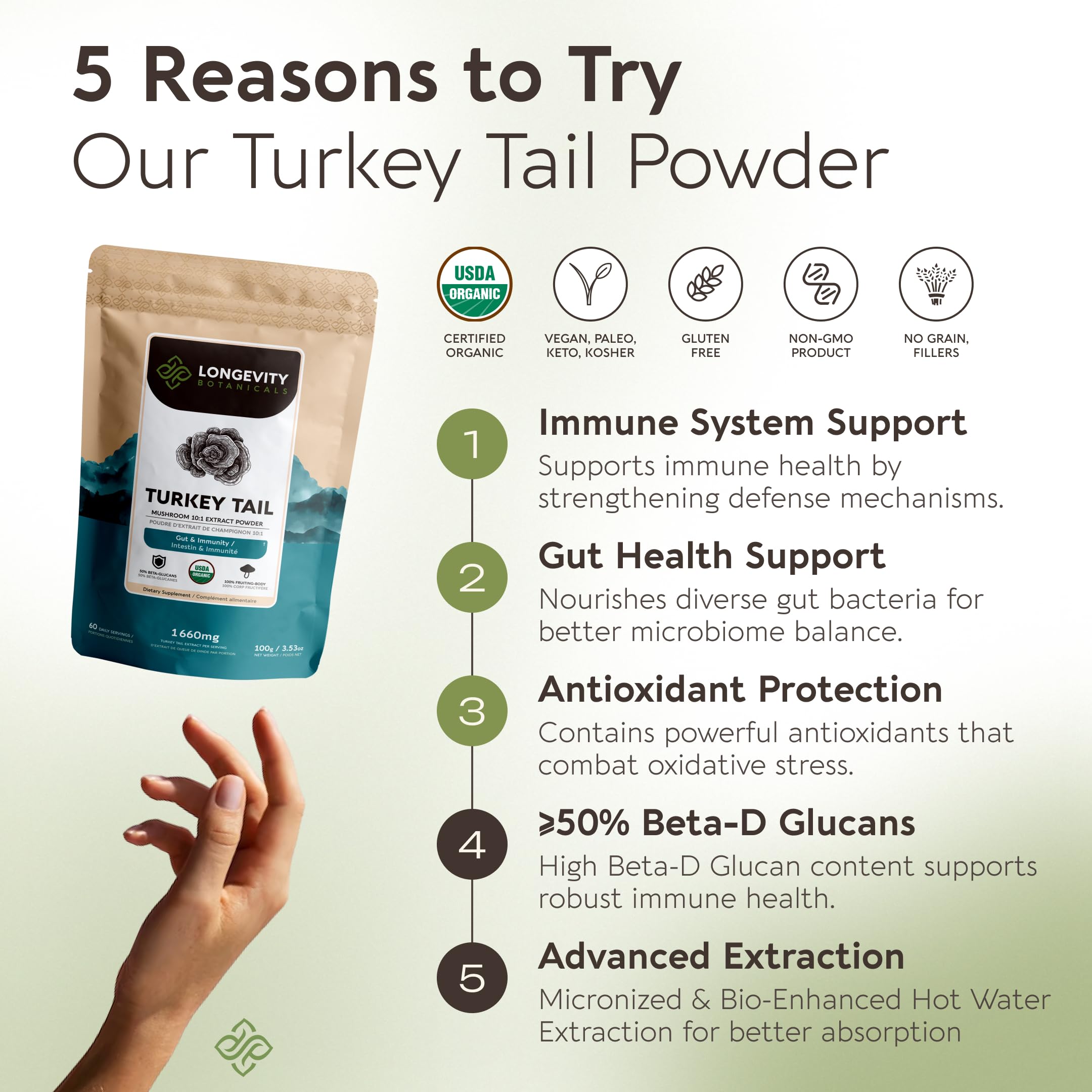 Organic Turkey Tail Mushroom Powder Supplement Extract 100g | Trametes Versicolor Fruiting Body | ≥50% Beta-D-Glucans | 60 Servings of 1,660mg | Supports Immune & Digestive Wellness — Amazon image 3
