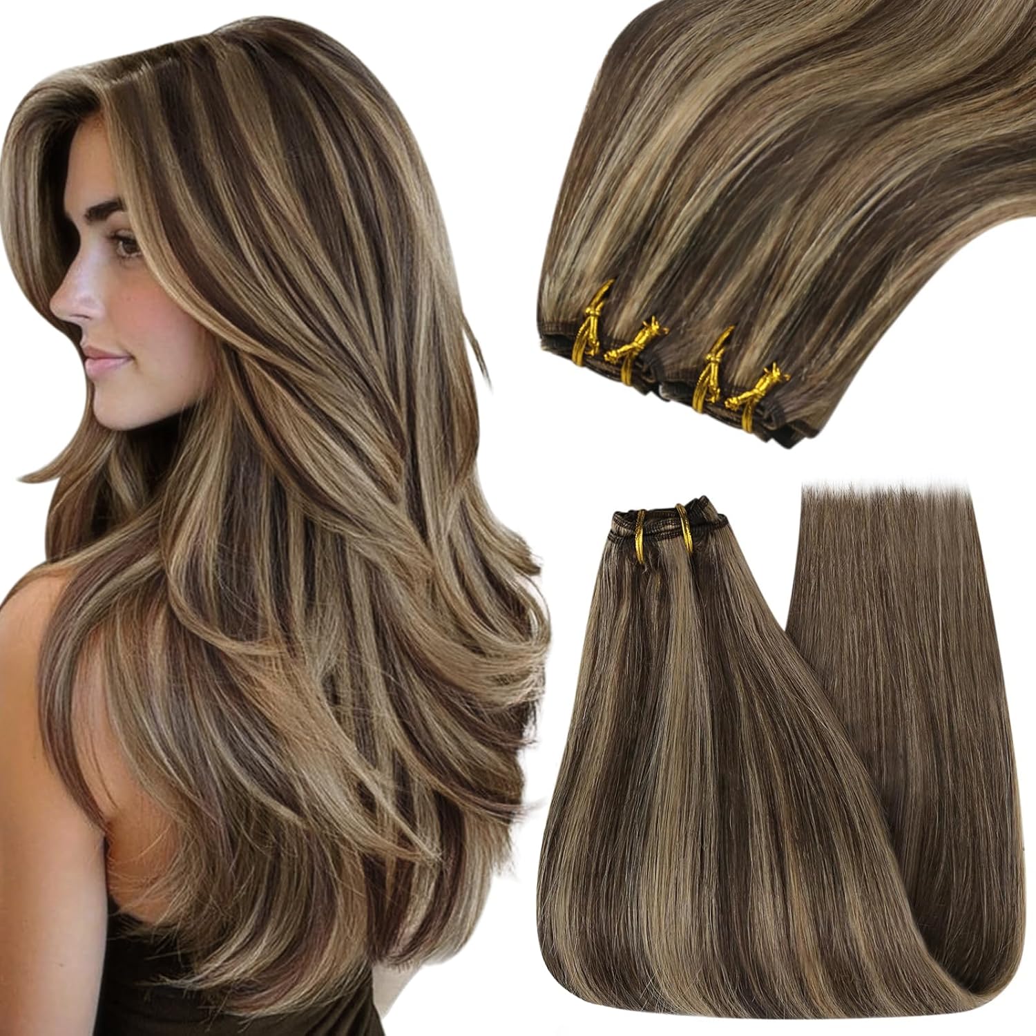YoungSee 100G Weft Hair Extensions Dark Brown Highlight with Caramel Blonde Sew in Hair Extensions Real Human Hair Short Straight Hair Extension Weft for Women 14inch