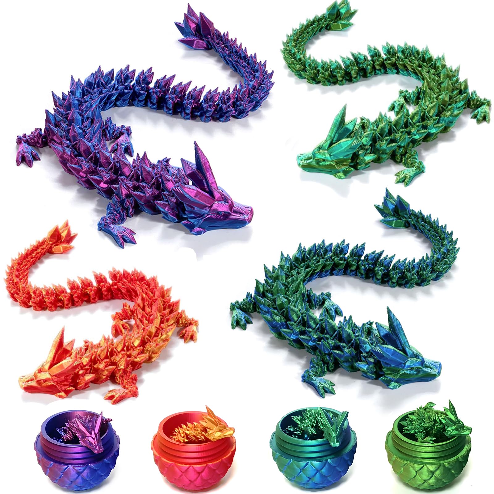 ZZXIAOJIE 3D Printed Dragon Egg Fidget Toys Mystery Crystal 3D Printed Animals Articulated Dragon Easter Eggs Gifts Home Desk Decor (4PCS.A)