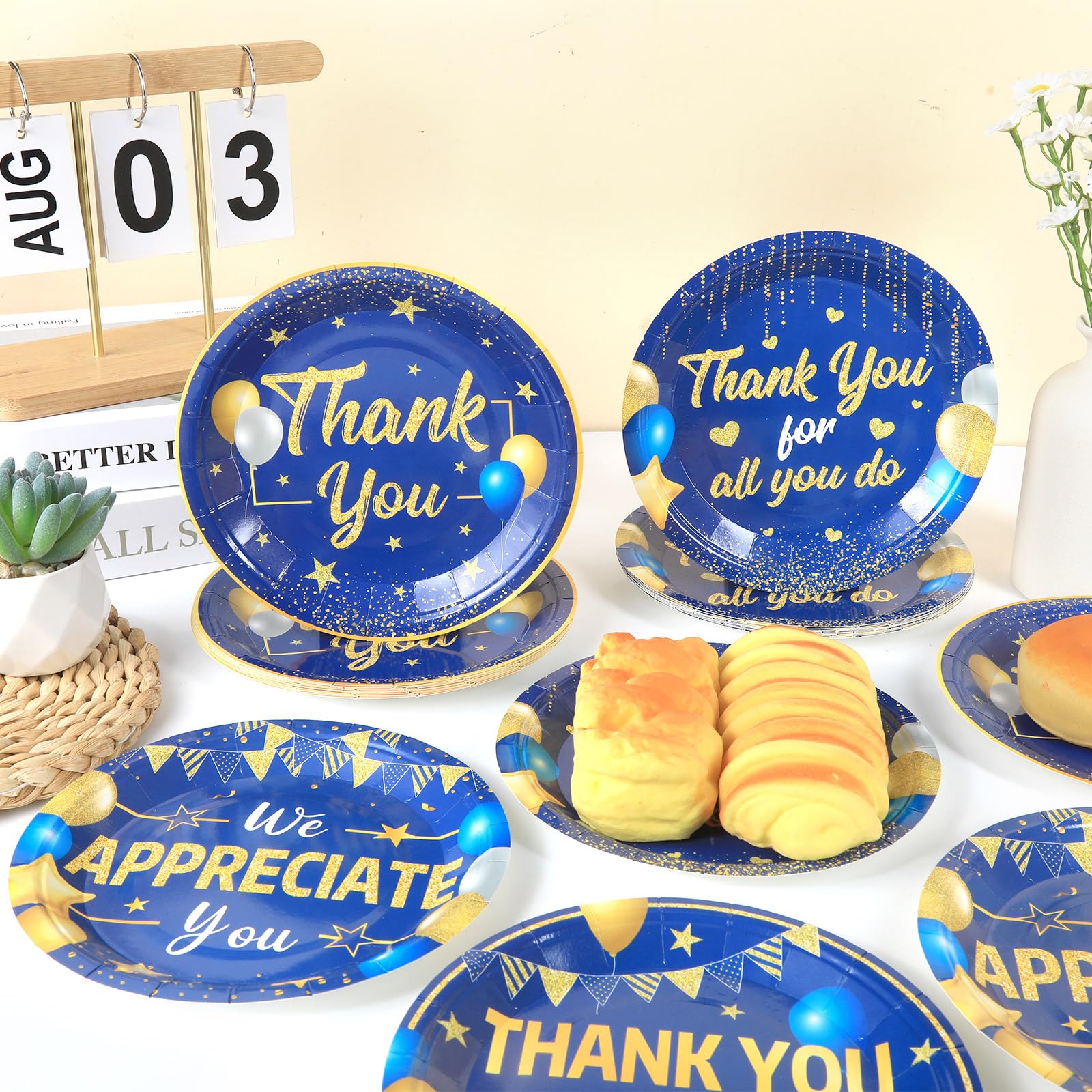 48 platos de papel dorados azules con texto en inglés «We Appreciate You», suministros para fiestas de agradecimiento, vajilla de agradecimiento, platos desechables para profesores, empleados, médicos