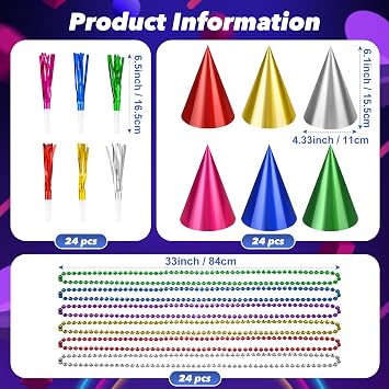 72 Pcs Colorful Birthday Party Hats Set Includes 24 Party Cone Hats 24 Colorful Bead Necklaces Metallic Fringe Blowers Noise Makers Party Supplies for Photo Booth Props