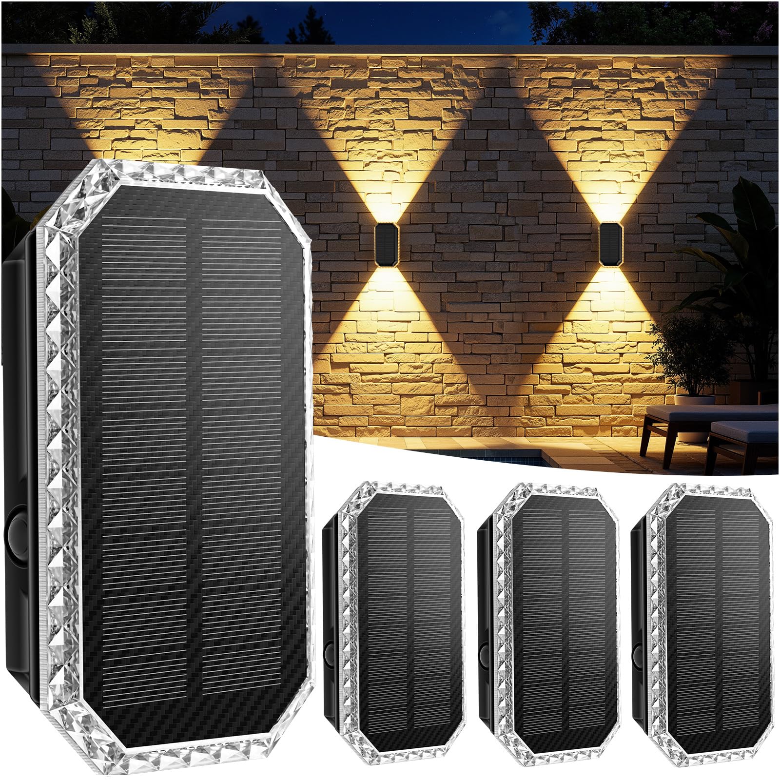 Aplique Solar de Pared, Lámpara Solar Exterior Pack de 4, 3 Colores de Luz IP65 Impermeable, Batería 1200mAh Luces Solares Exterior Decorativas para Jardín, Piscina, Patio y Valla