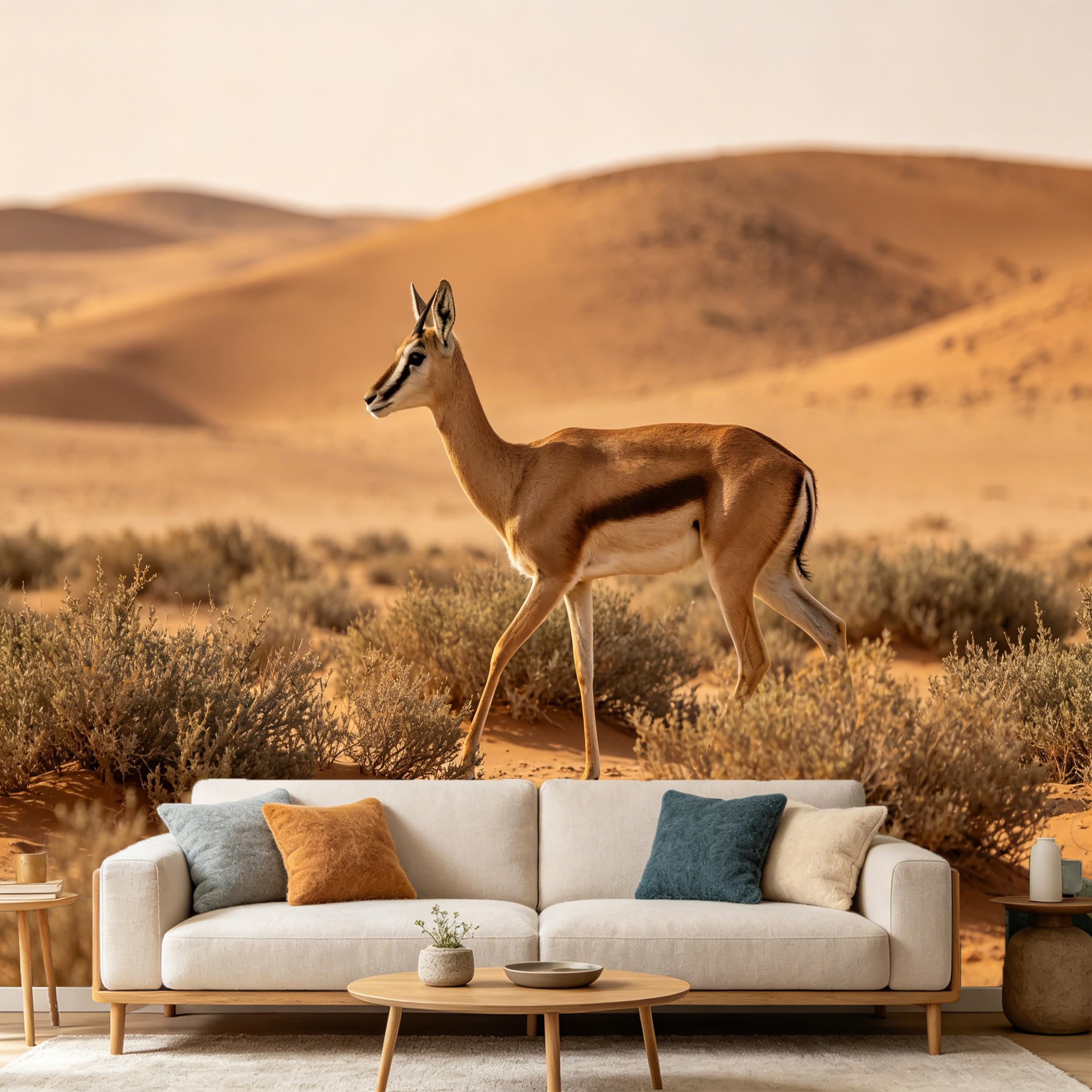 Custom Size Wall Mural Desert Gazelle Wildlife Landscape Beige Sand Dunes Nature SelfAdhesive Art Prints wall Fabric（No PVC） Removable Wallpaper Home Bedroom Decor