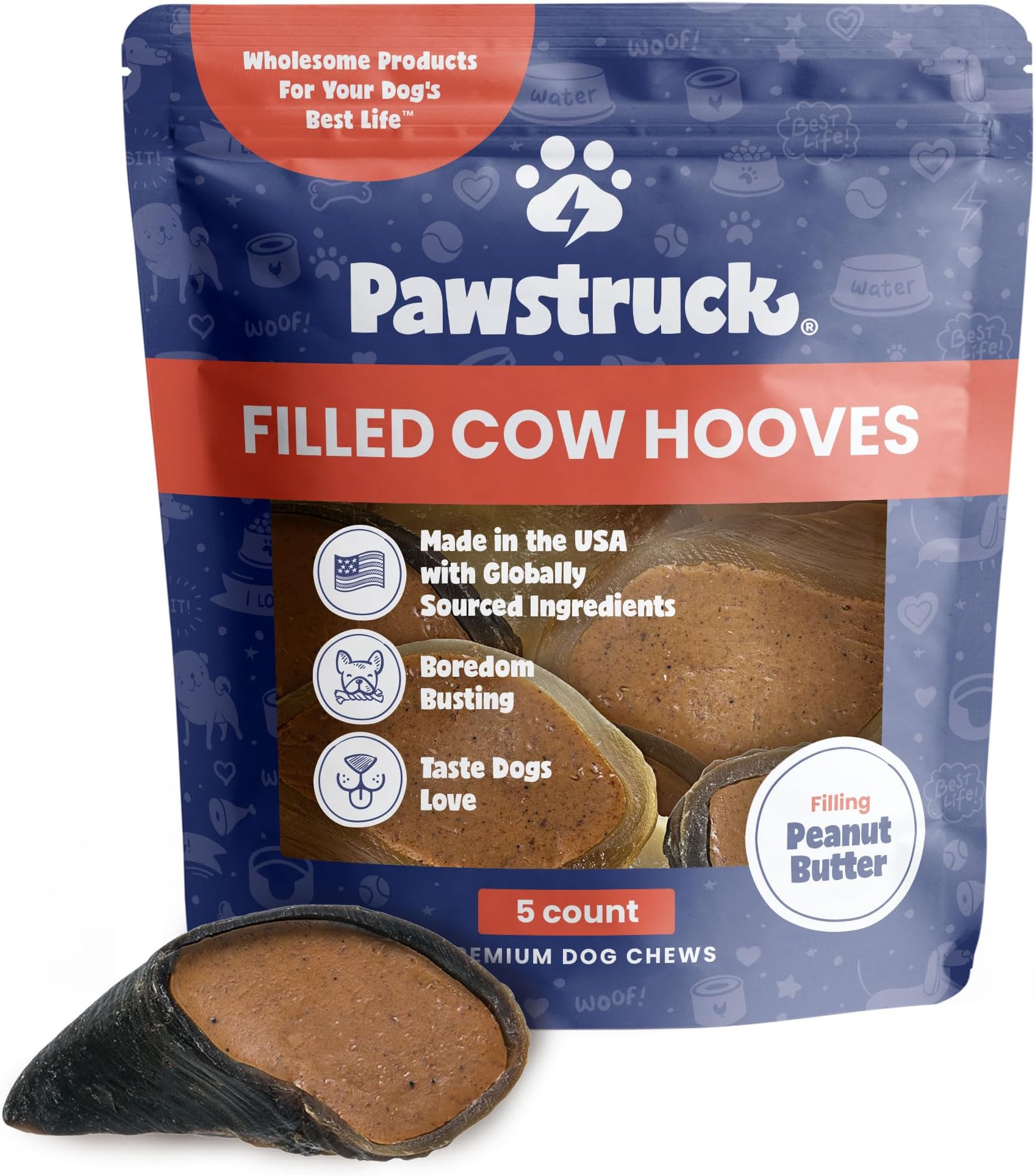 - Pawstruck Peanut Butter Filled Cow Hooves for Dogs – Made in USA, Long-Lasting Dental Treats and Chews – Beef Hoof – 5 Count – Packaging May Vary