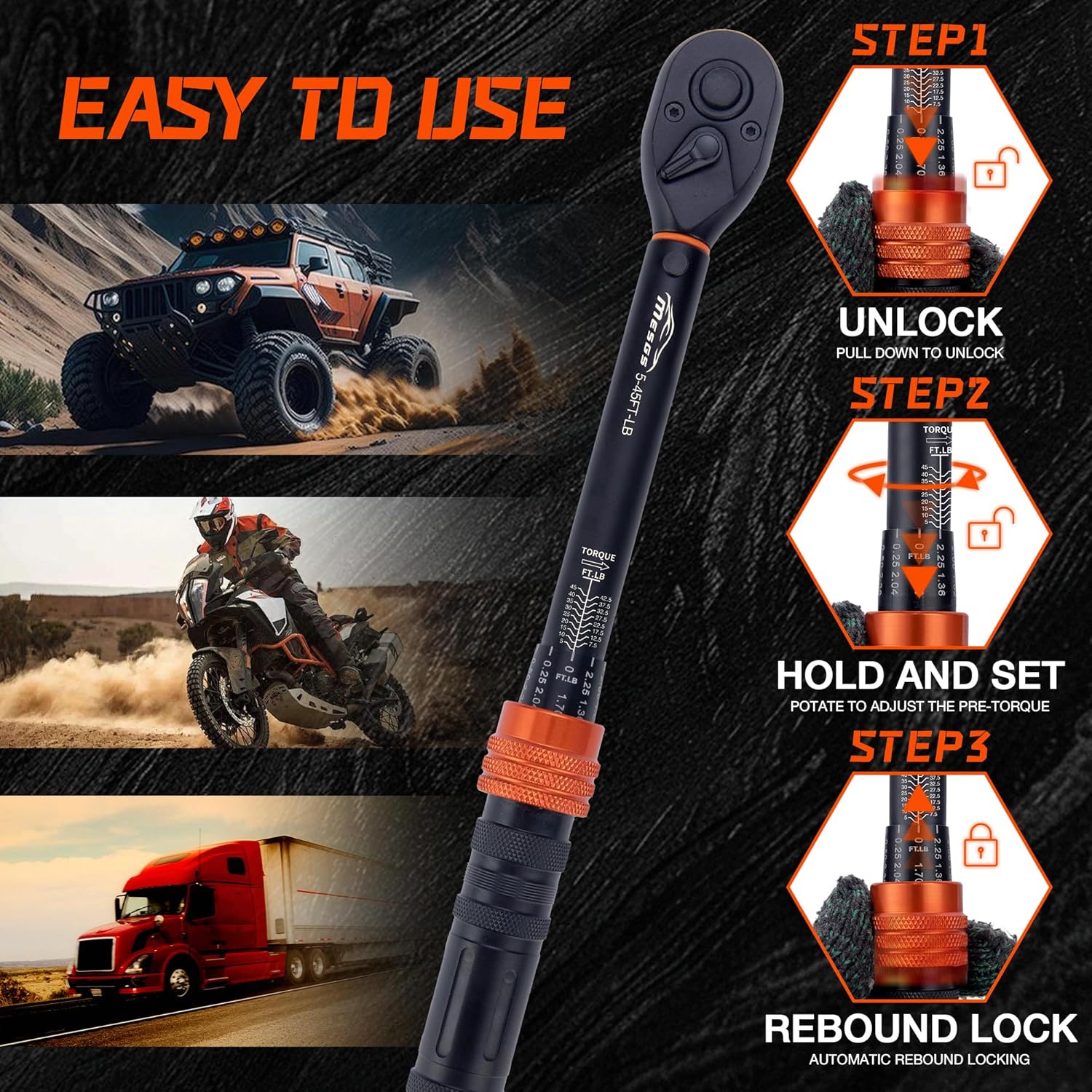 Diagram showing steps to unlock, set, and lock the torque wrench