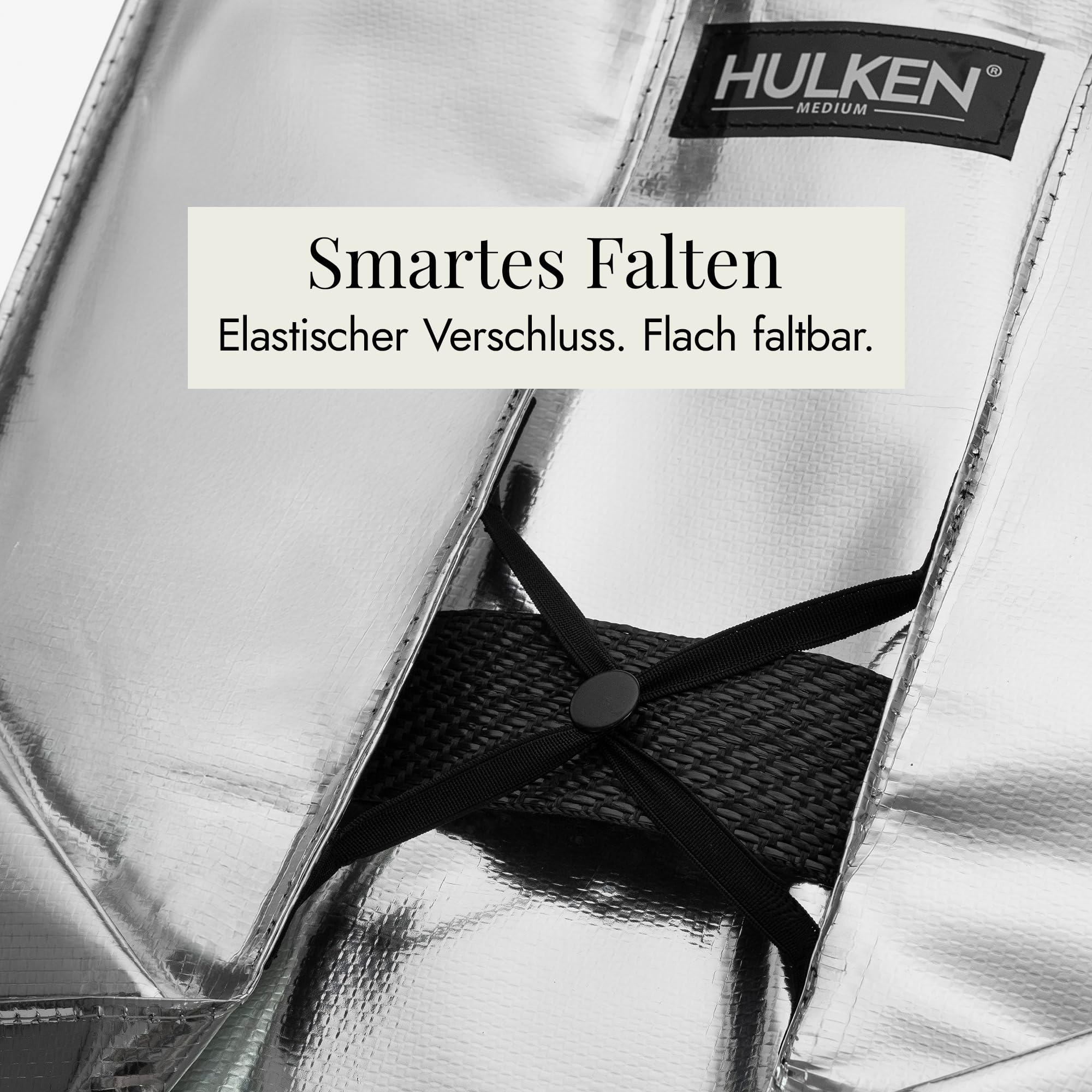 HULKEN - (Große, silberne) wiederverwendbare Einkaufstasche auf Rädern. Der Einkaufswagen trägt bis zu 30 kg. Der klappbare Einkaufstrolley hat robuste Griffe und Reißverschluss, ist flach und faltbar