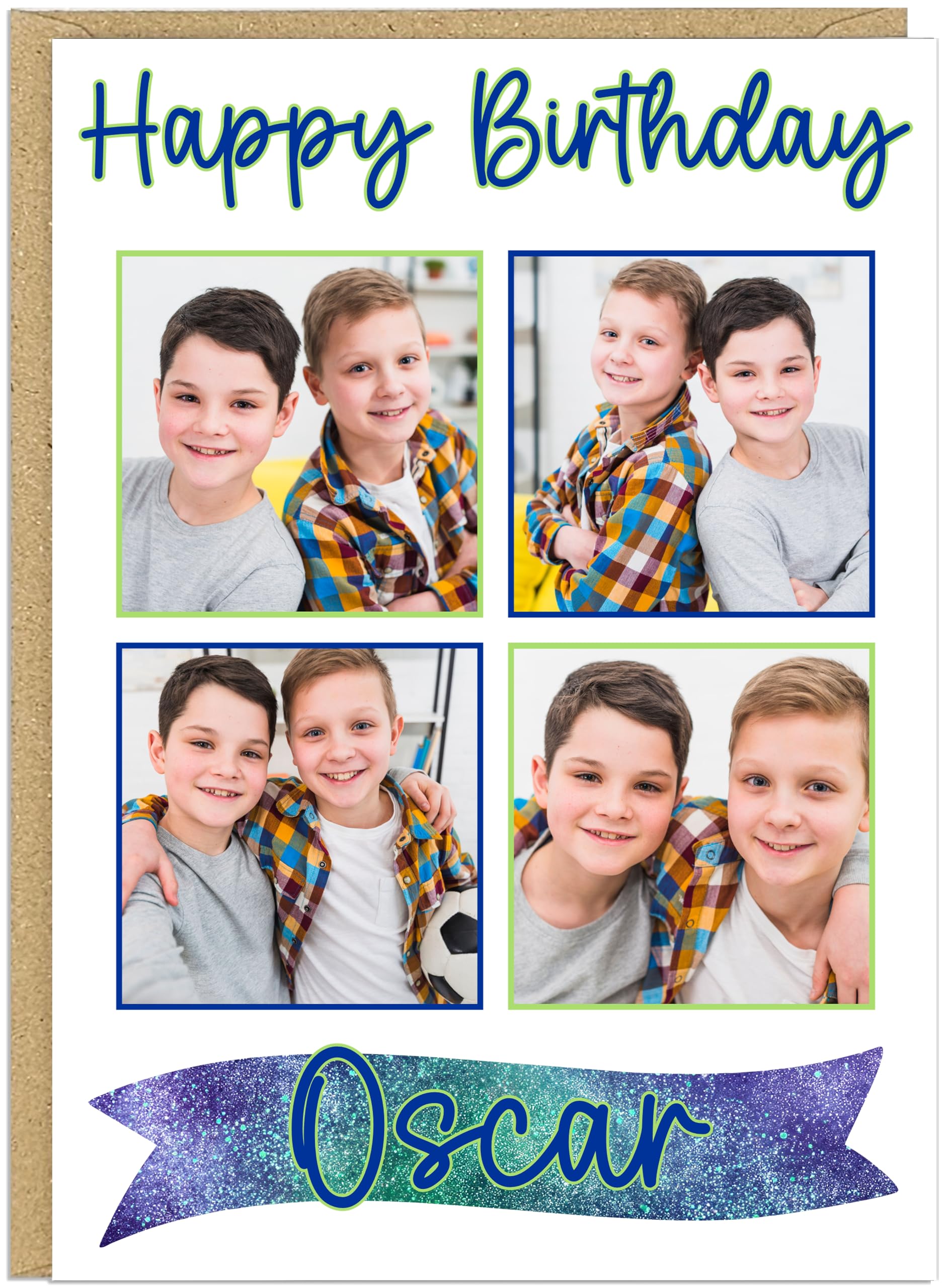 Personalised Children's Photo Happy Birthday Cards - Custom Add Own Name & 4 Photos - A5 Greetings Cards For Kids Girls & Boys Blue Green Pink Purple Rainbow Colours (Blue & Green)