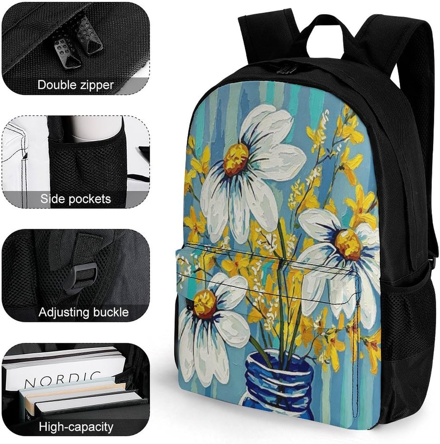 Daisy Vase Flowers Backpack Daypack Travel Backpack | Lightweight Casual Laptop Backpack for Women Men Aesthetic Travel Bag for Weekender Business Hiking Outdoor