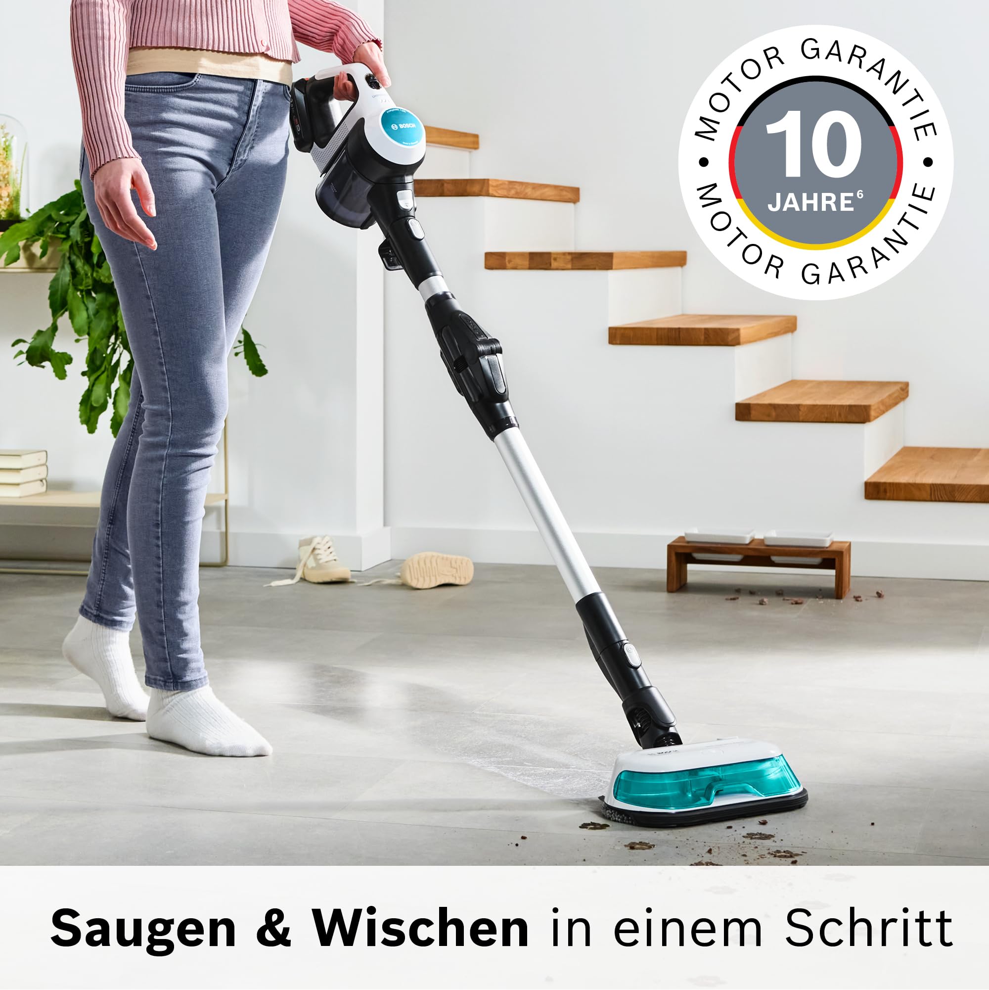 Bosch Akku-Staubsauger Unlimited 7 ProHygienic Aqua BKS71HYG4, kabellos, 2in1 Saugen & Wischen, Knickrohr, HEPA-Filtersystem, 10 J. Motorgarantie, Wechselakku, Mini-Turbo-Düse, Made in Germany, weiß