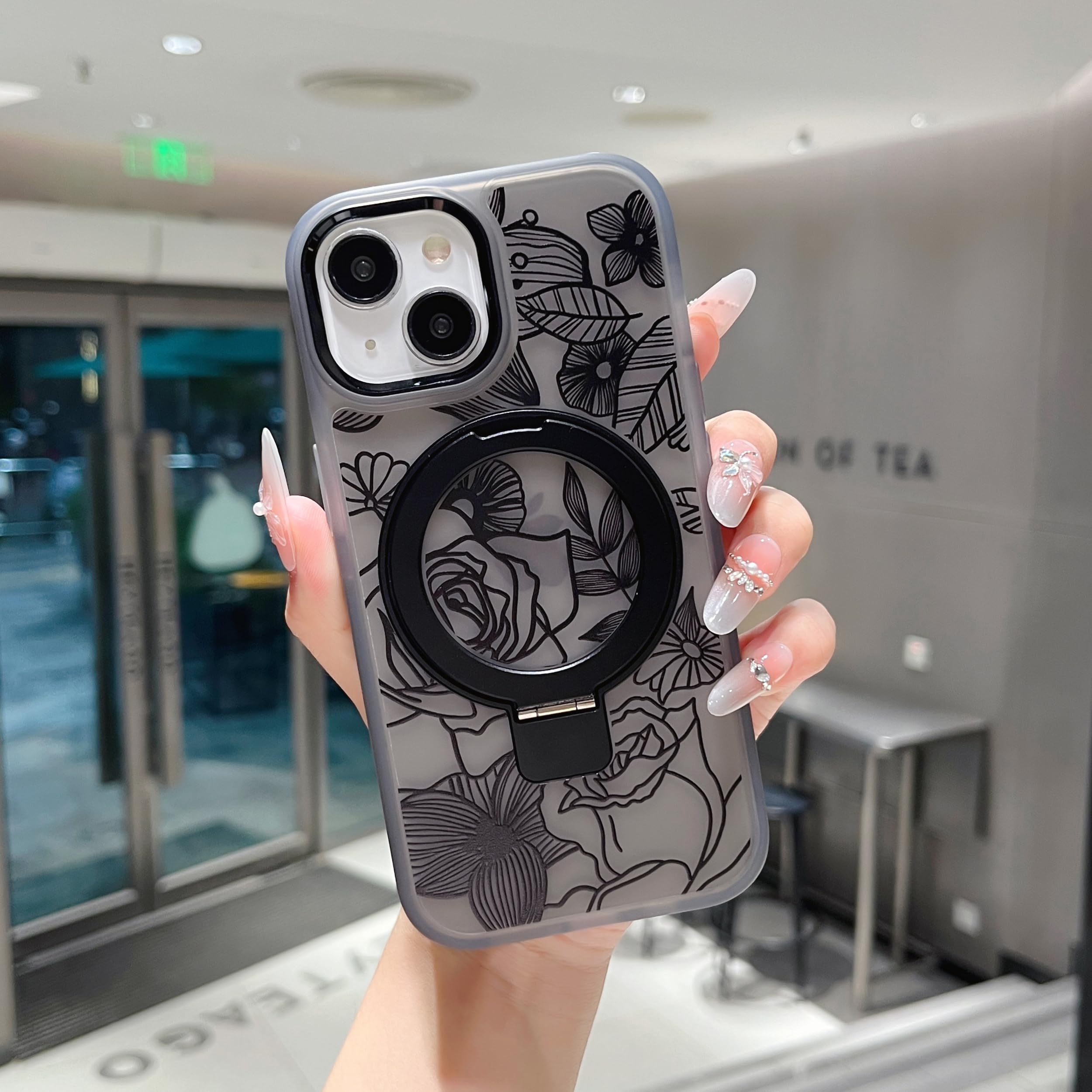 XIZYO Magnetic for iPhone 14 Plus Case Floral Flower Cute [Compatible with MagSafe] Magnetic Ring Stand Clear Rose Women Girly Kickstand Shookproof