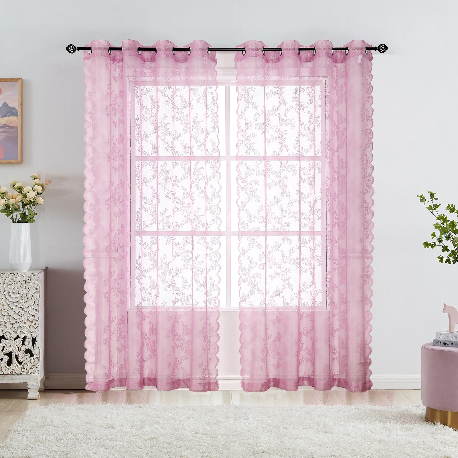Pink Lace Curtains for Bedroom 108" Farmhouse Rose Floral Embroidery Semi Sheer Curtains Light Filtering European Flowers Lace Sheer Curtain Panels for Apartment/Hotel, Grommet Top, 55" wide, 55"x108"