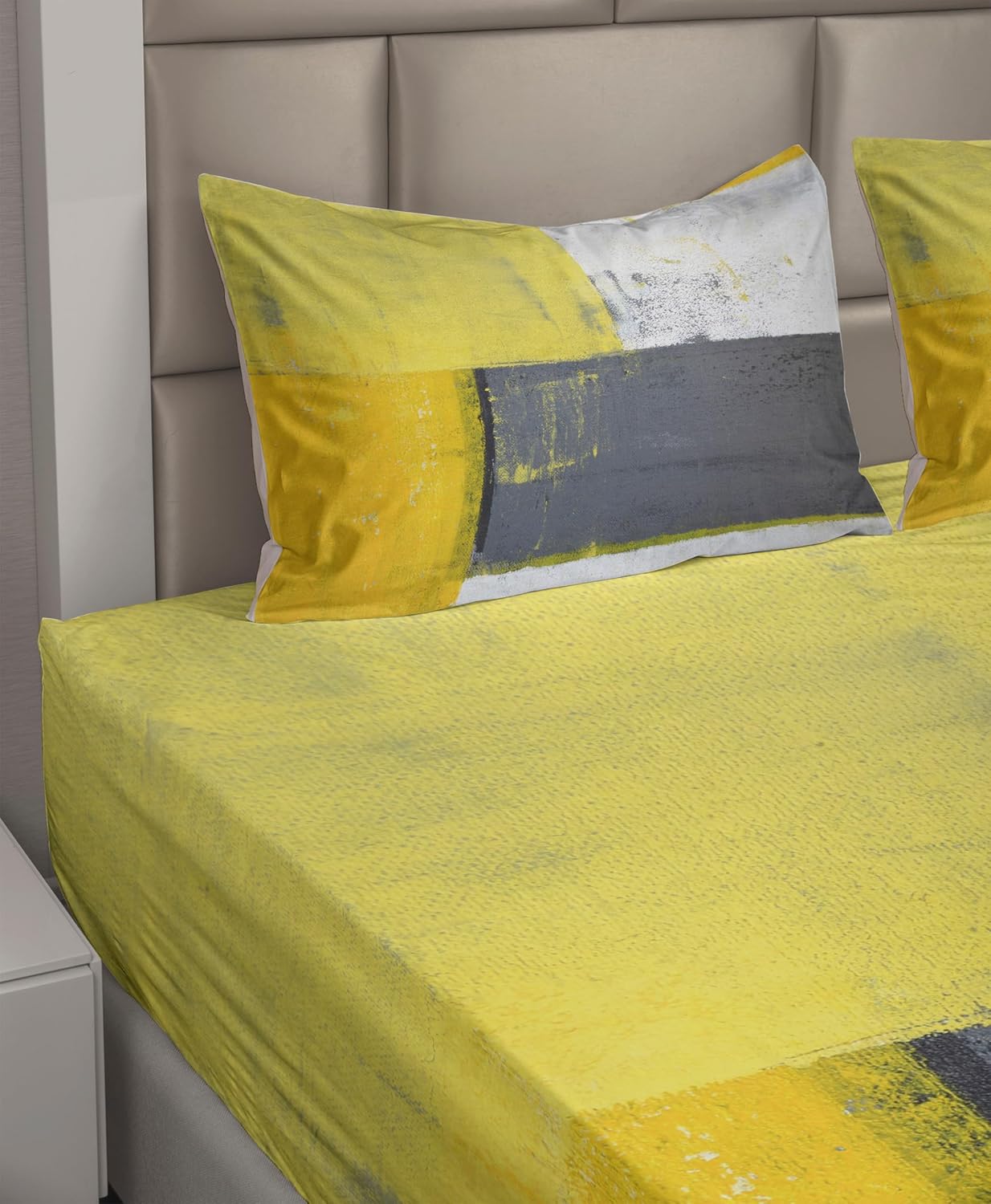 Ambesonne Grey and Yellow Sheet Set, Street Art Modern Grunge Abstract Design Squares, Fitted and Flat Sheet with Pillowcases Bedding Accent 4 Piece Set, Queen, Grey Yellow