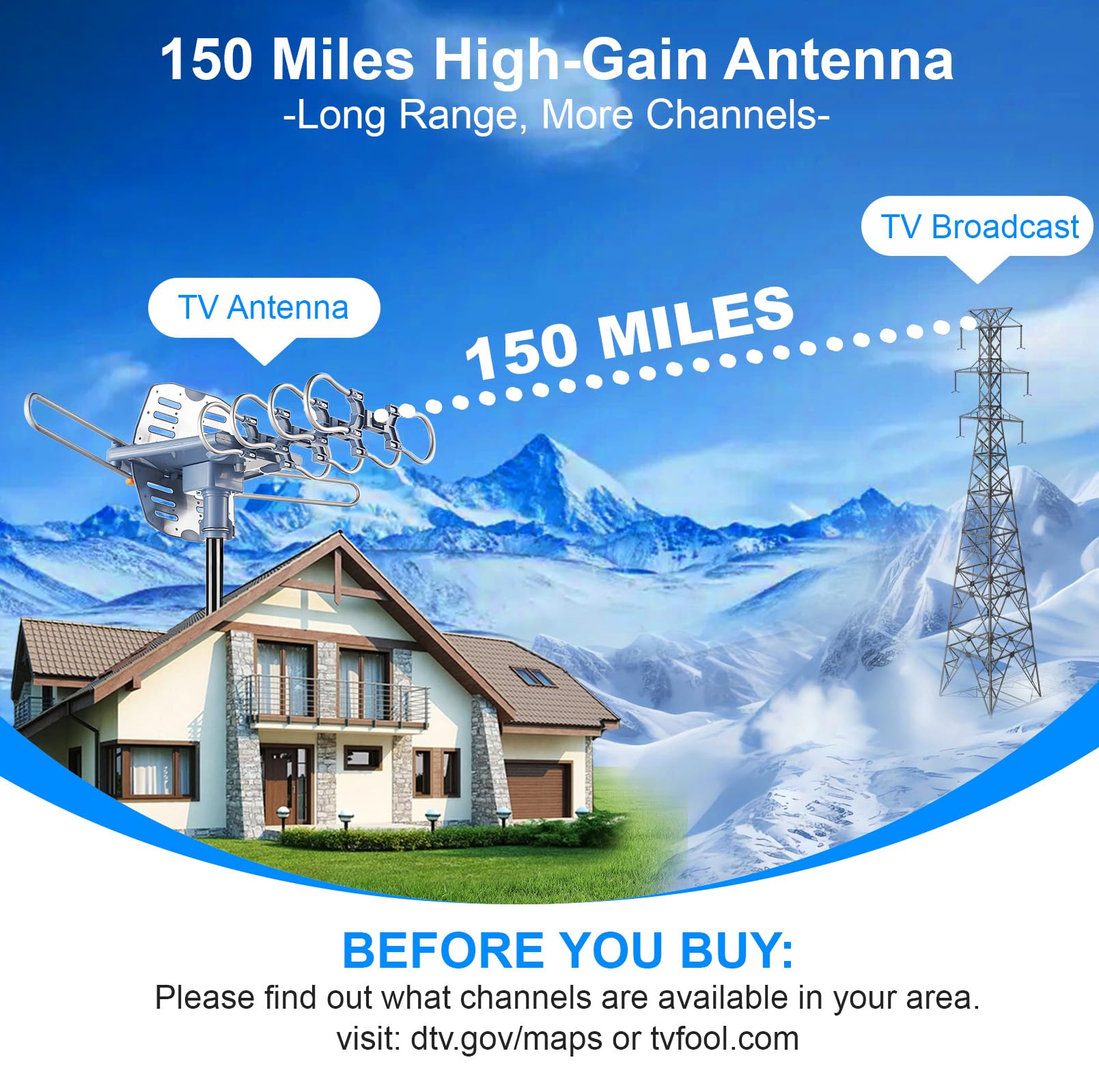 Antenna TV esterna, antenna HDTV amplificata digitale e cavo coassiale RG6 da 18,3 m, telecomando wireless a 360 gradi, supporto 4K 1080P 2 TV