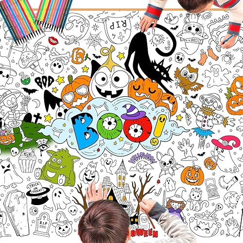 HOWAF Póster gigante de Halloween Boo para colorear con 24 bolígrafos de pintura, pancarta gigante para colorear para niños, suministros de