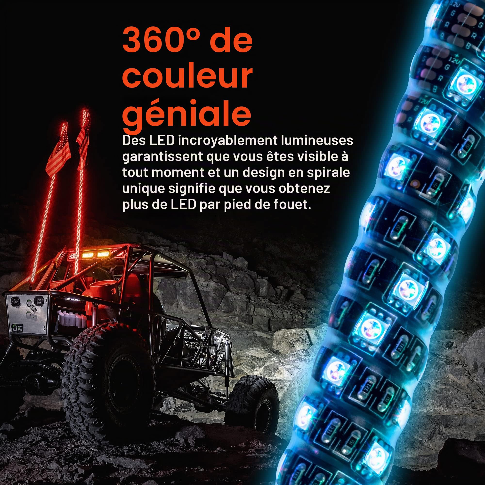 True Mods Lot de 2 fouets Lumineux à LED RVB pour VUTT ATV [télécommande sans Fil RF] Drapeau étanche avec éclairage LED pour RZR Can-Am Polaris SxS 4x4 Quad Dune Buggy 4 Roues Accessoires | Bâton d'antenne CB étanche et éclairé pour RZR Can-Am Polaris Sx