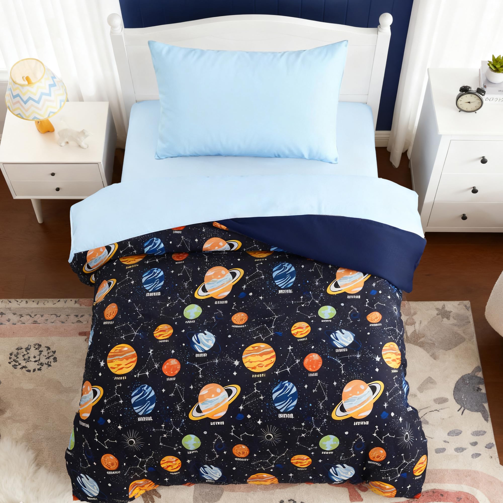 Toddler Comforter Set - 4 Pieces Space Toddler Bedding Set for Boys | Glow in the Dark Kids Comforter Set, Boys Bedding with Space Comforter, Pillowcase & Sheets