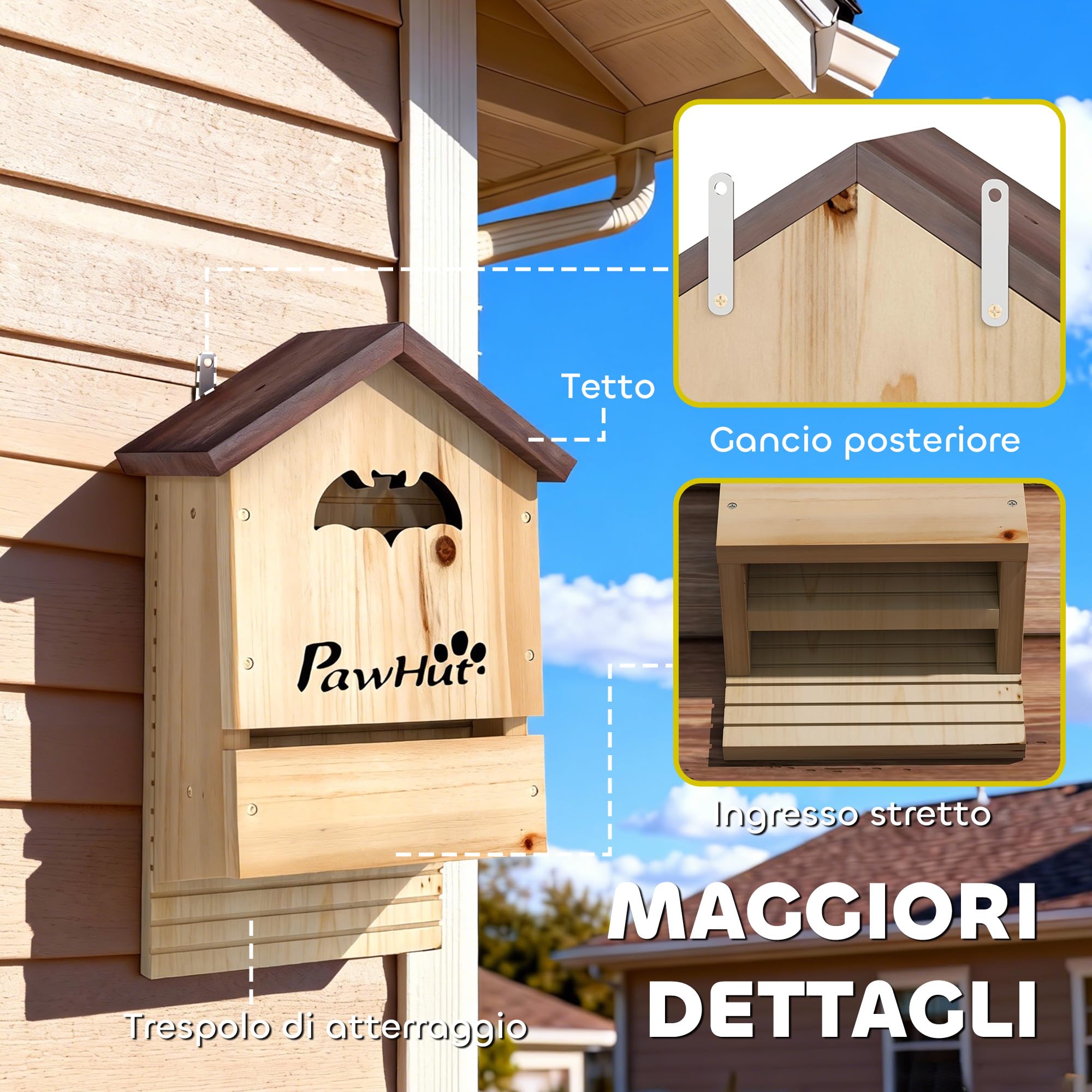 PawHut Set di 3 Casette per Pipistrelli 21.5x11.5x34 cm Legno Naturale | Legno di Abete, Rifugio per Pipistrellini, Da Esterno, Bat Box da Appendere