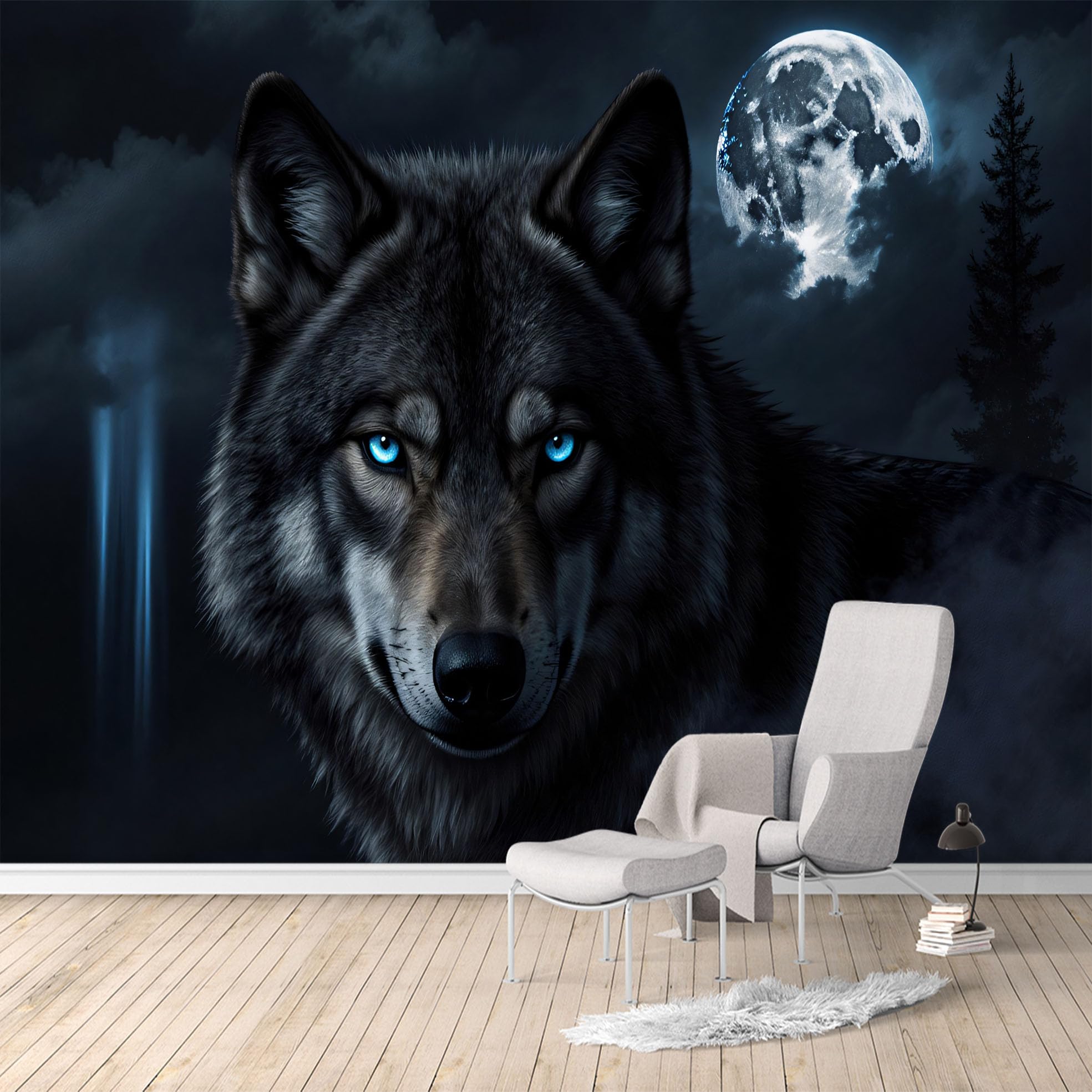 Custom Size Wall Murals, Dark Wolf Moonlight Forest Mist Night Landscape, SelfAdhesive Water Activated Removable Wall Covering, Large Photo Wallpaper for Living Room Bedroom Office