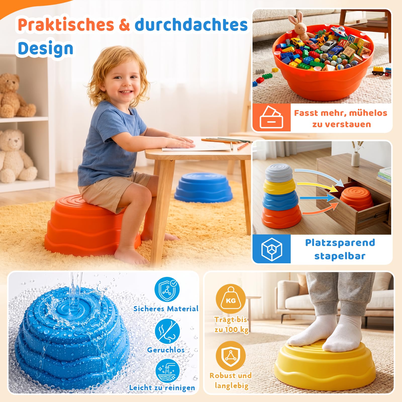 Rtomy Stapelsteine für Kinder - 5er Balanciersteine Set, Stepping Stones bis 100kg belastbar, rutschfest & leise - Montessori Balance Spielzeug Indoor Outdoor, Geschenk Jungen Mädchen ab 3 4 5 6 Jahre