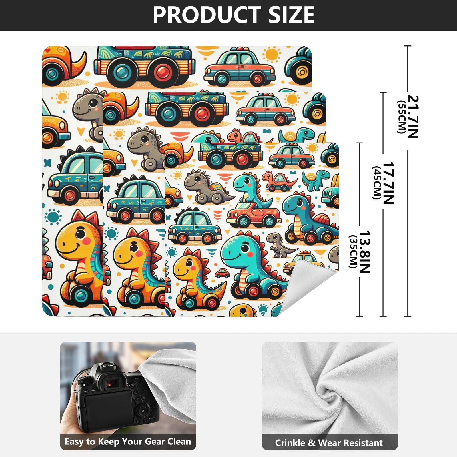 ODAWA Cloth Camera Bag 21.7 In, Cute Dino Cars Self-adhesive Cloth Protective Camera Wrapper, Lens Protector for Camera