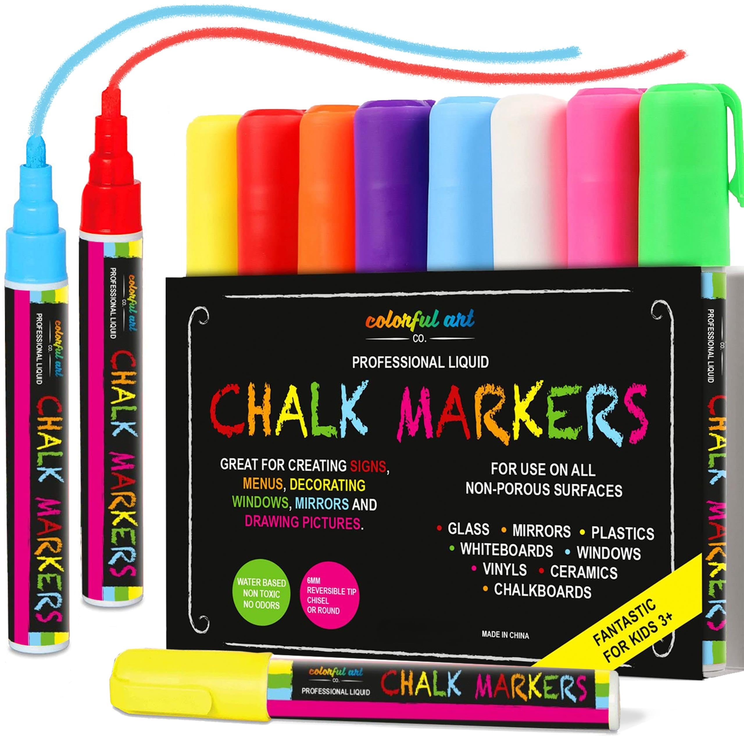 Liquid Chalk Pens - Set of 8 Neon Colors - Washable Chalkboard Markers for School Blackboard, Menu Board, Mirror, Ceramics, Car Window Glass, Easy to Erase