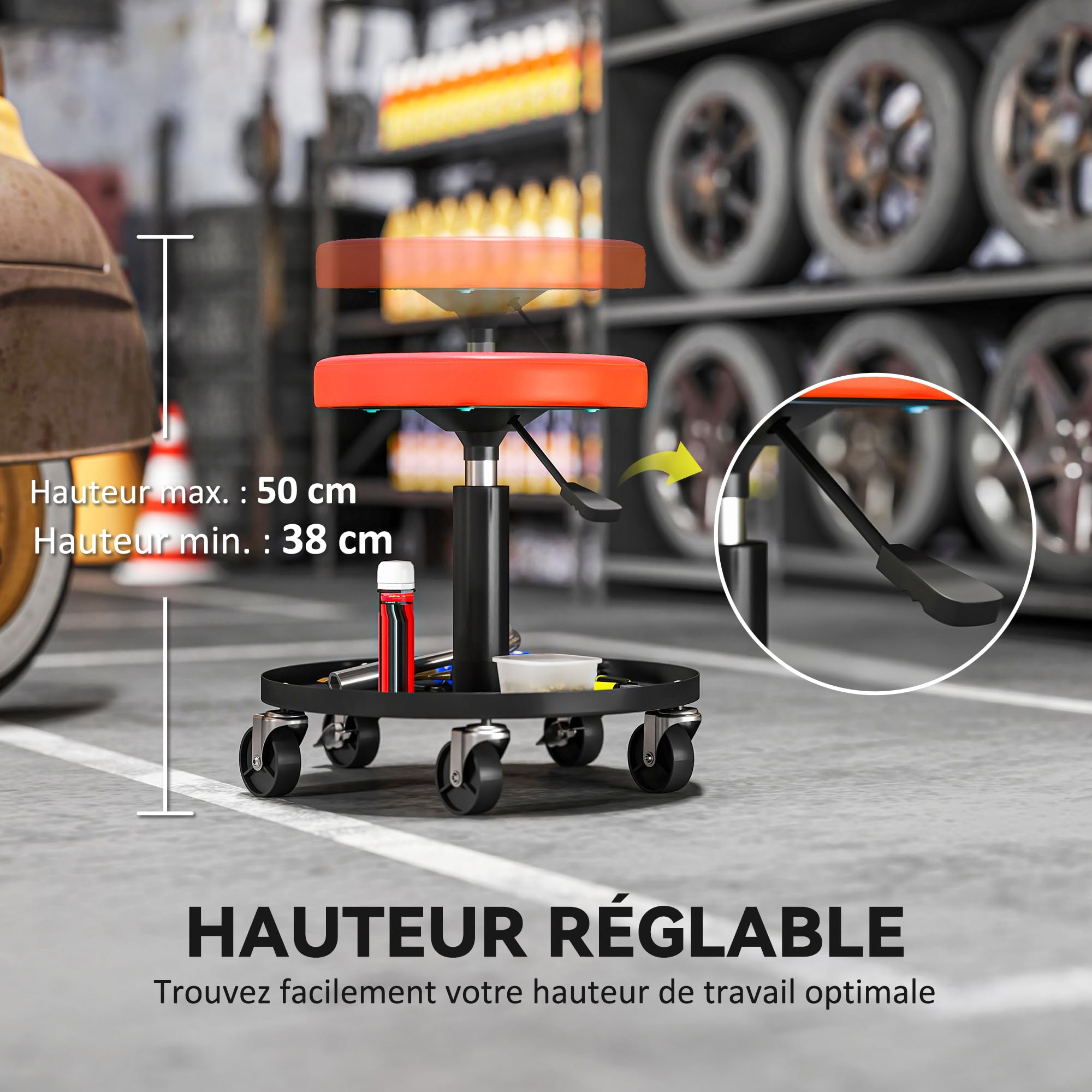 HOMCOM Taboret warsztatowy z 5 kółkami obrotowymi 360°, taboret mechaniczny o regulowanej wysokości 38-50 cm, siedzisko warsztatowe z półką narzędziową, nośność 135 kg, do garażu, pomarańczowy