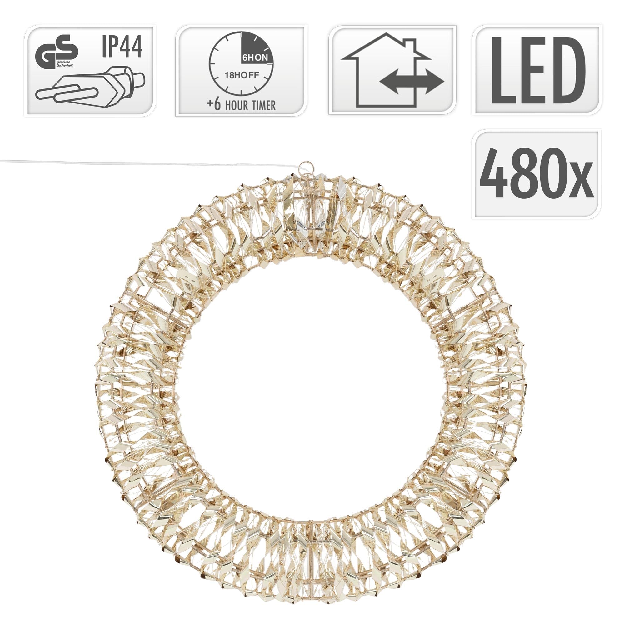 ECD Germany LED Weihnachtskranz Ø38cm mit 480 warmweißen Micro LEDs & Timer, IP44 Wasserdicht Innen/Außen, 3D Metallkranz LED Beleuchtung, Hängekranz Lichterkranz Leuchtkranz Türkranz Weihnachtsdeko