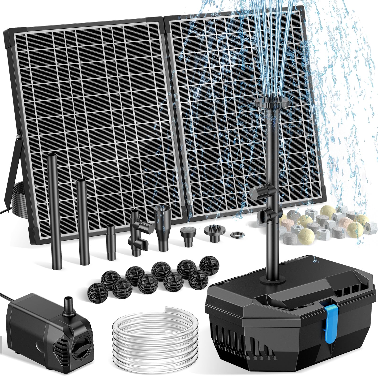 NFESOLAR Kit filtro solare per laghetto da 30 W con pompa per fontana, pompa solare per laghetto da 210 GPH e scatola filtro esterna, pompa dell'acqua sommergibile con cavo da 16,4 m e tubo da 2 m per