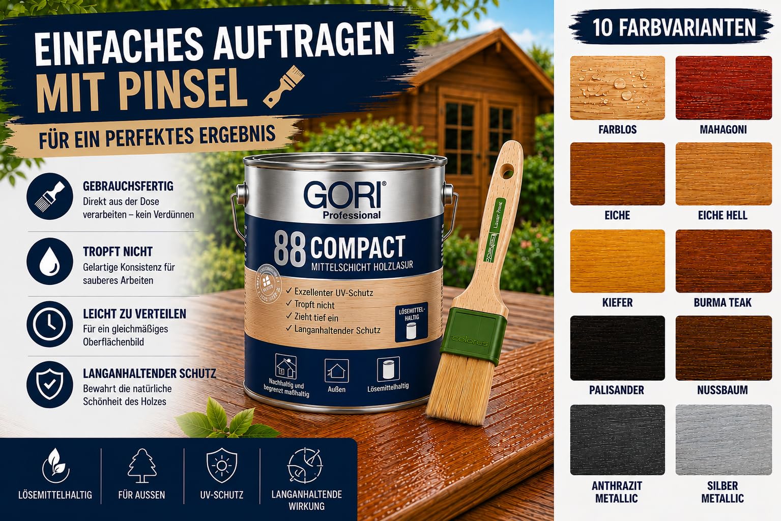 GORI 88 Premium Holzlasur außen, Eiche Hell, 2,5 L + Profi Pinsel | Holzschutzlasur außen wetterfest & Lasurpinsel I Wetterschutzfarbe Holz außen & Garten I Holzfarbe außen wetterfest