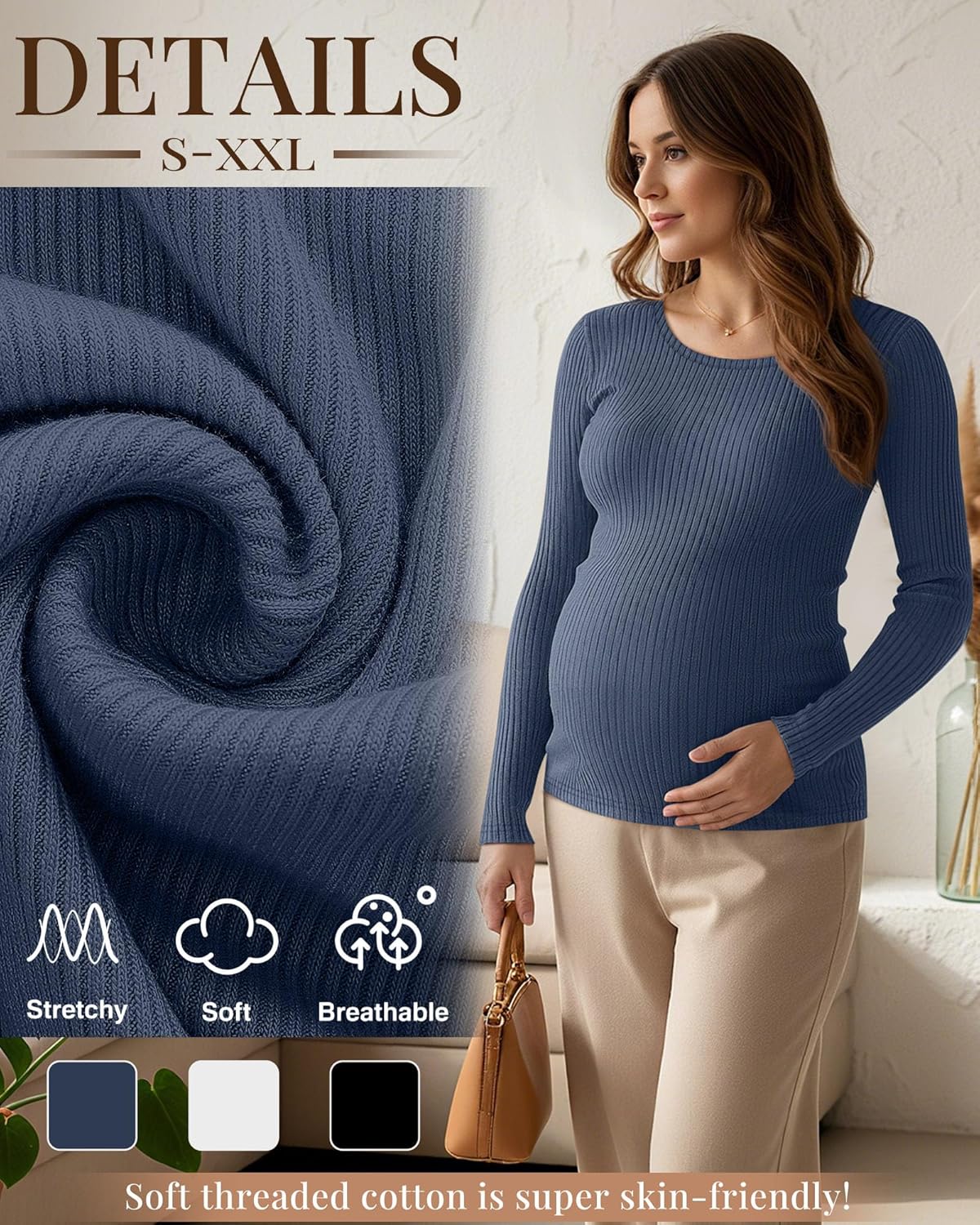 3 Pack Women's Maternity Shirts Long Sleeve Ribbed Round Neck Pregnancy Tops Casual Basic Tee Maternity Clothes - Image 4