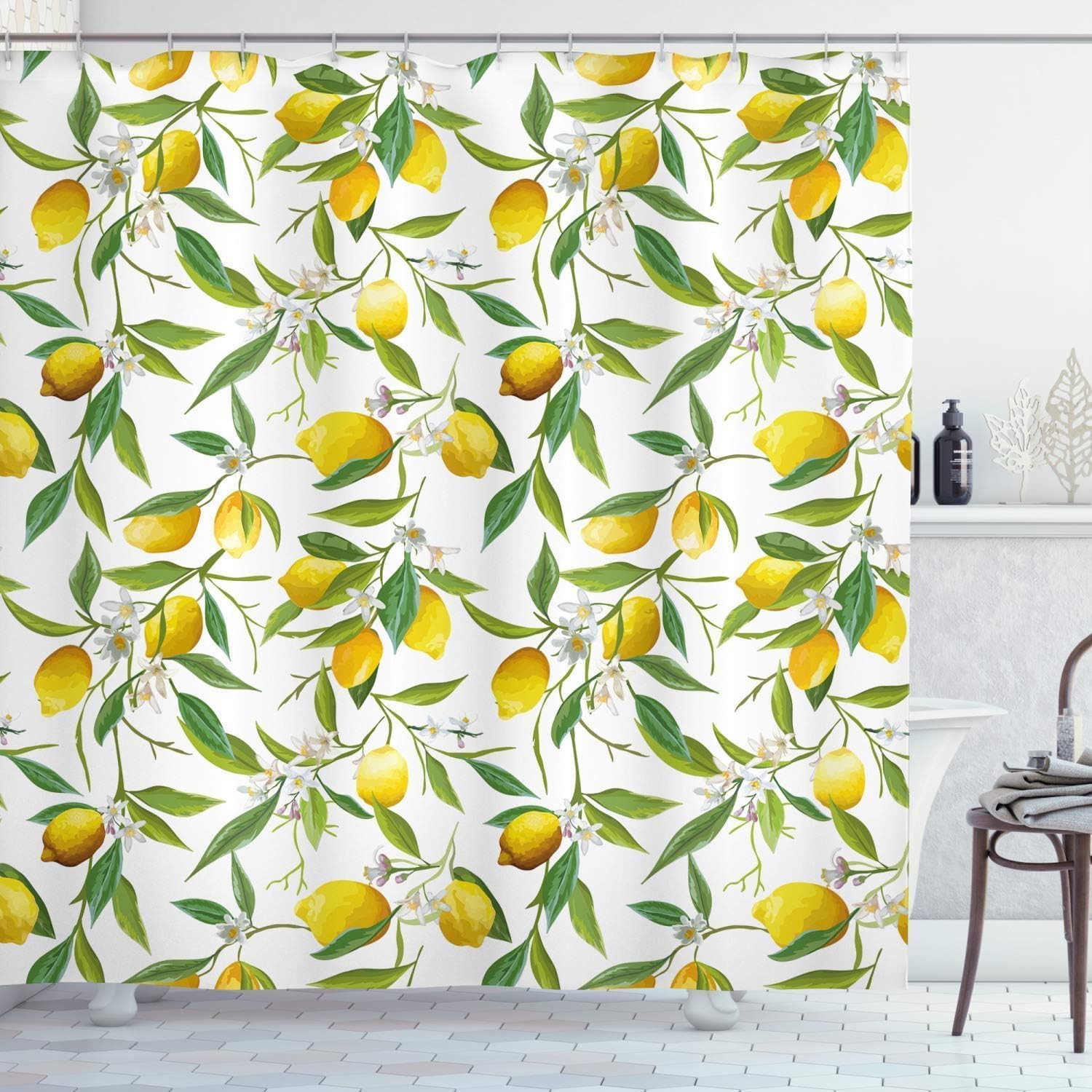 Rideau de douche citron en tissu haut de gamme 240x200 cm imprimé plantes nordiques