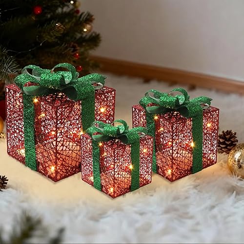 Miniatura 1 de Decoraciones de caja de regalo de luz de Navidad, juego de 3 piezas, regalos con cable previamente encordados con lazos, ilumina las decoraciones de