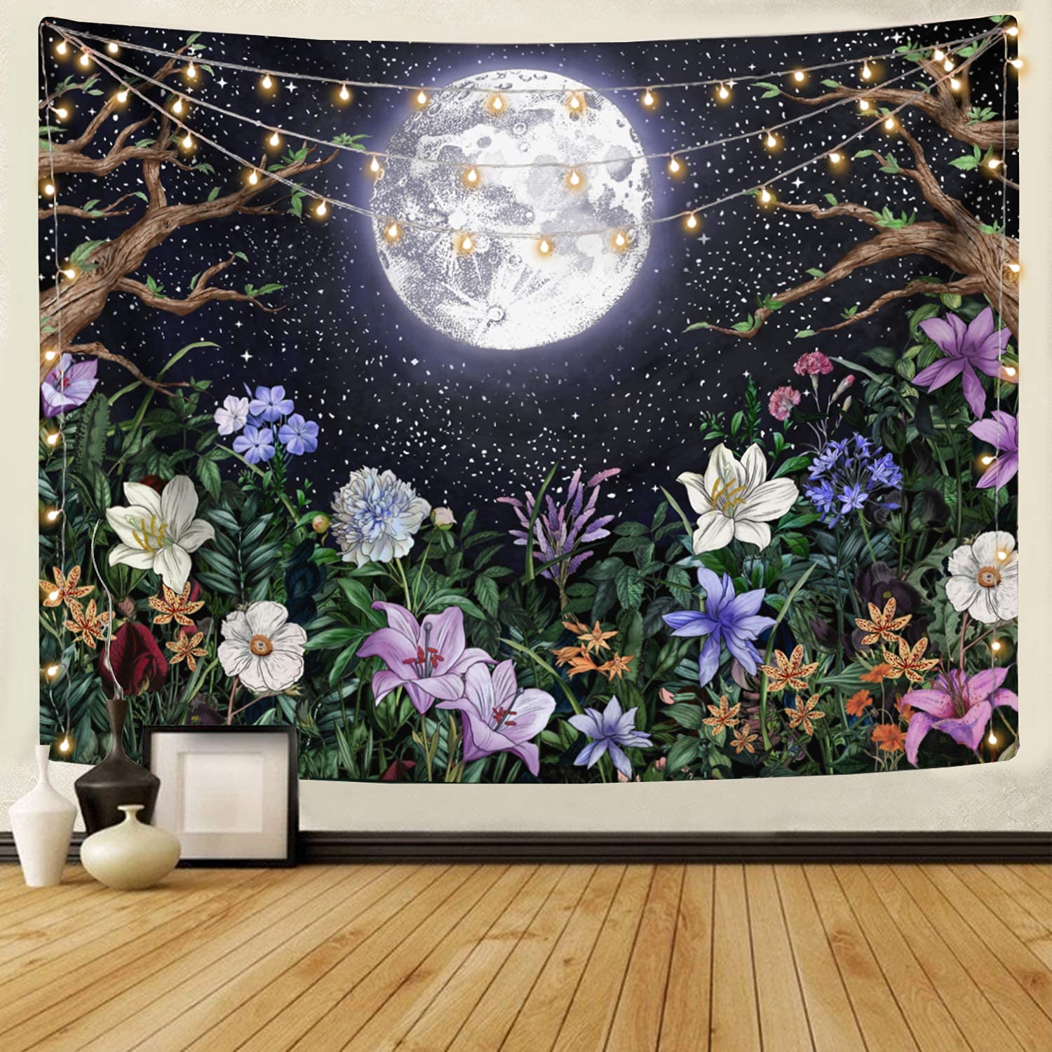 Aesthetic Moon Garden Tapestry Wall Hanging, Night Landscape with Colorful Plants Floral Tapestries for Bedroom Home Decor Multi Color 60×80 inch (150cm×200cm)
